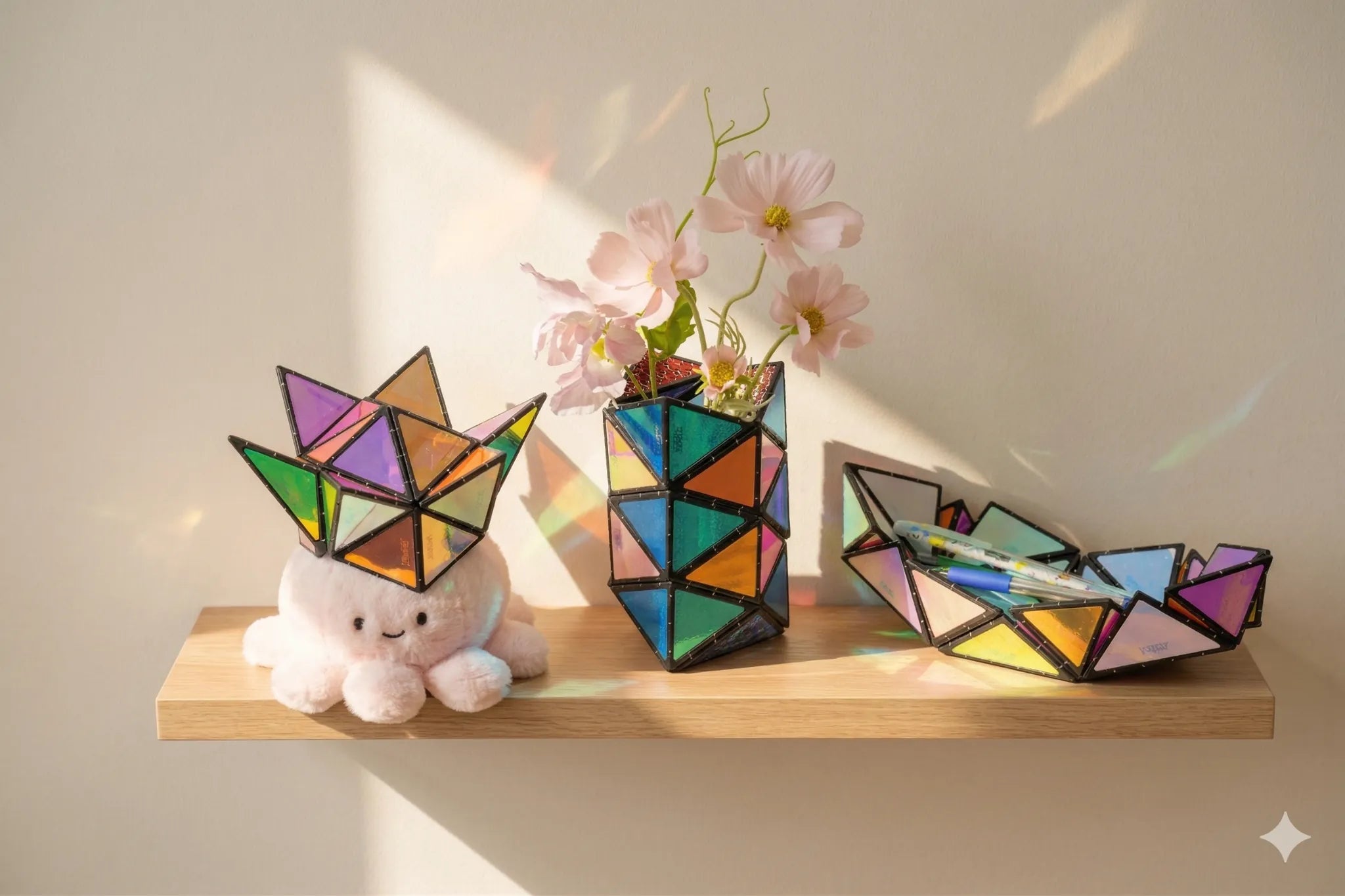 TOSY magnetic pyramid building toy in a lifestyle setting with colorful shapes and decorative flowers