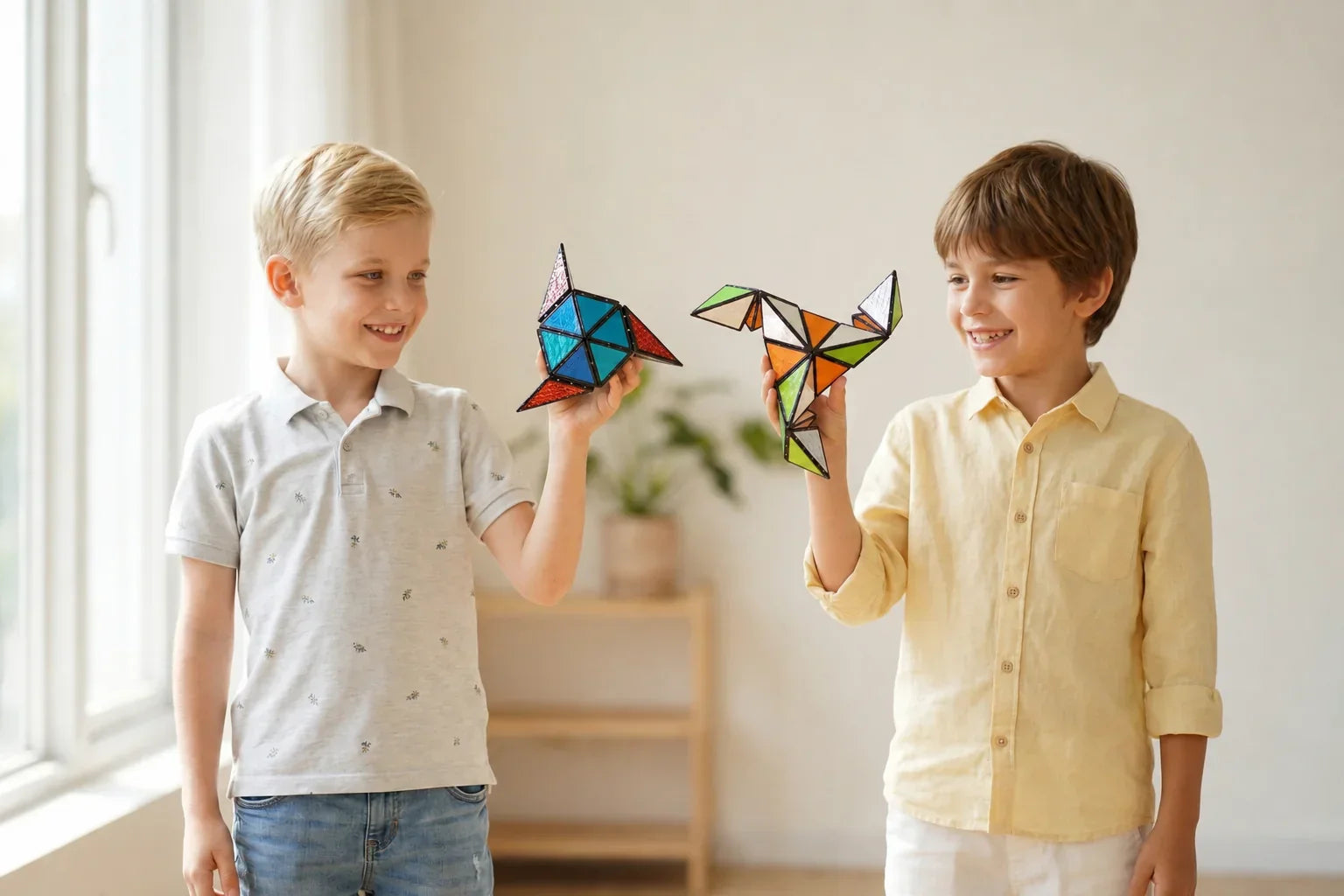 TOSY Magnetic Pyramid Puzzle - two kids playing with colorful magnetic building toy