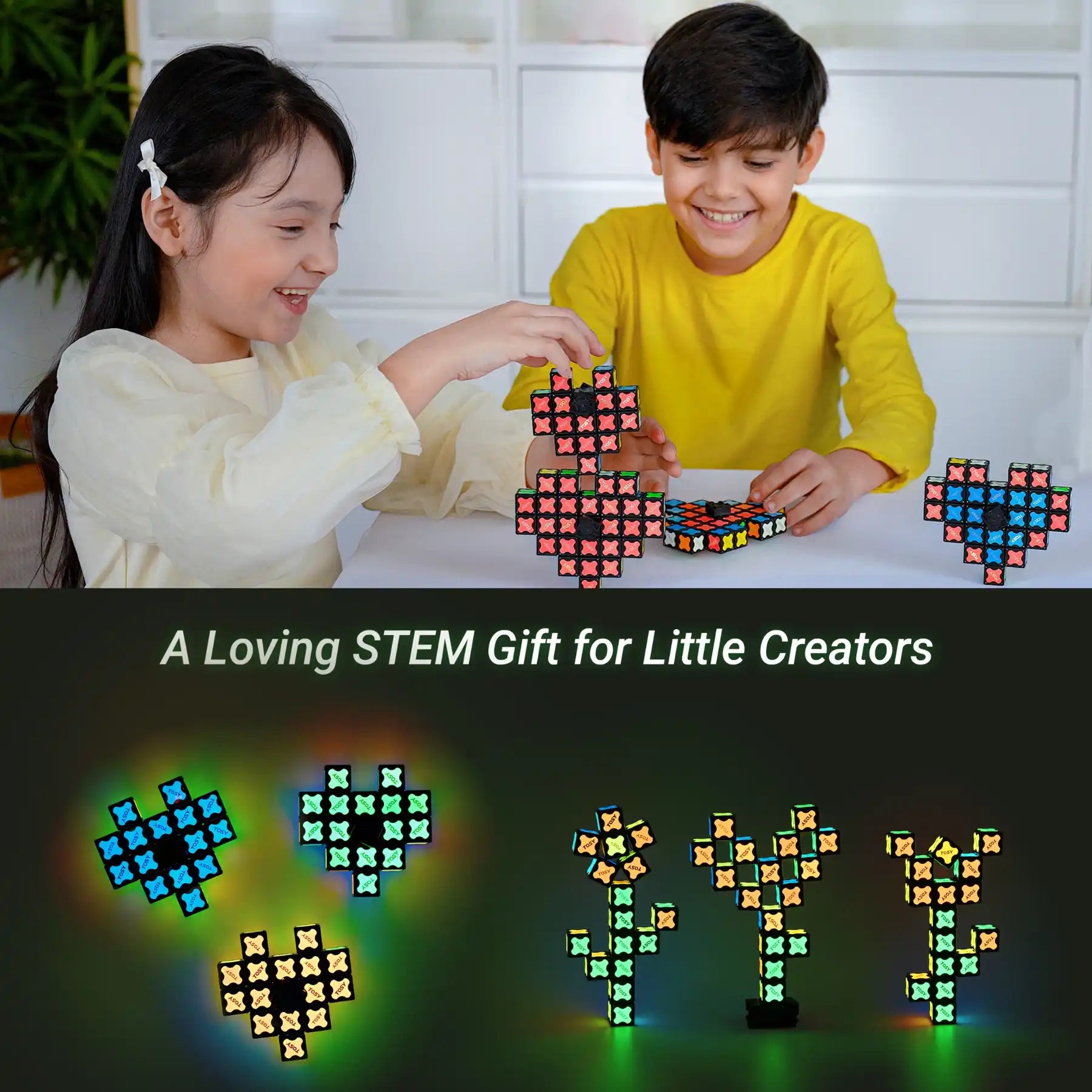 Two children playing with TOSY magnet cube glow blocks, with text 'A Loving STEM Gift for Little Creators' and examples of LED block creations.