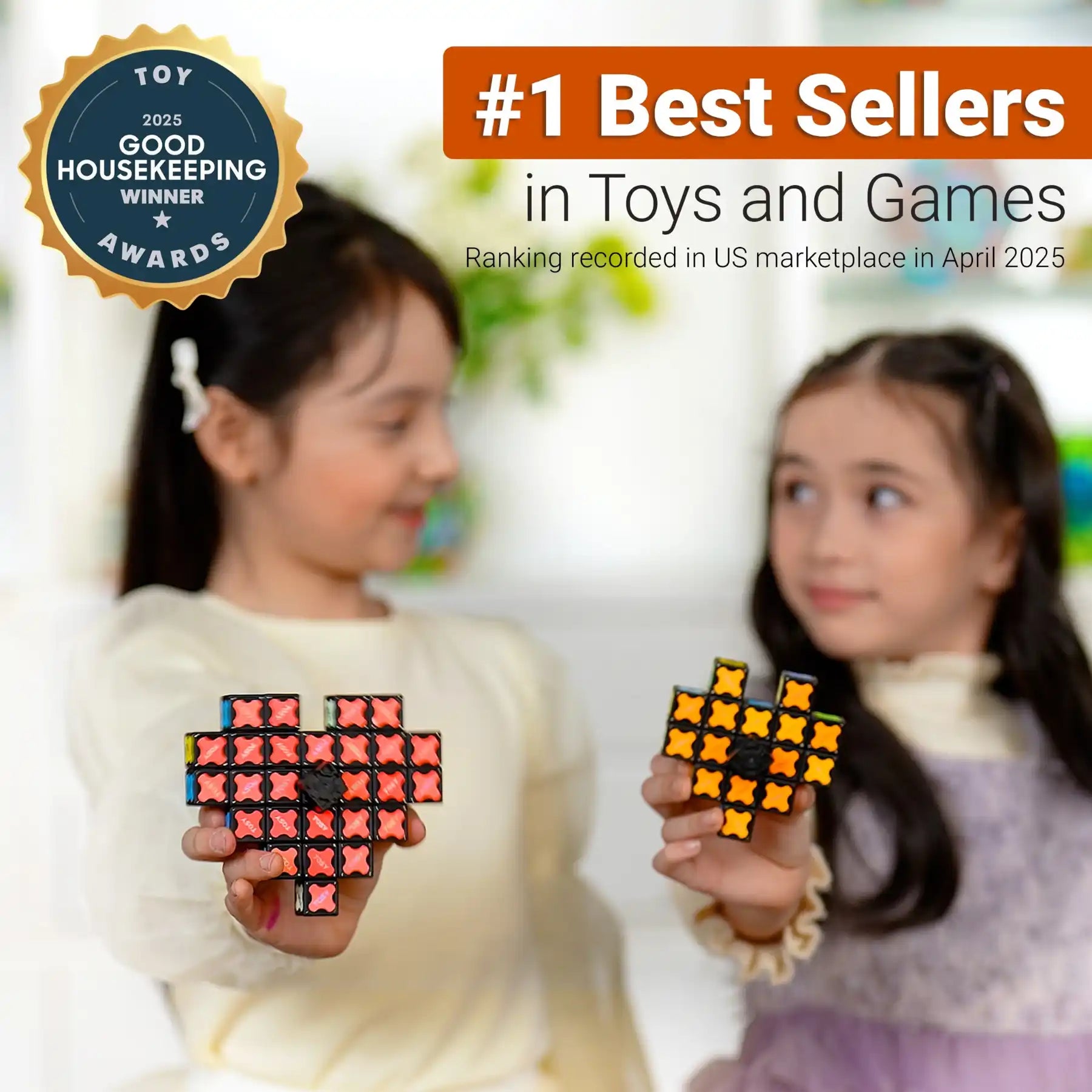 Two children holding TOSY magnet cube with a Good Housekeeping Award badge and text about best sellers in toys and games.