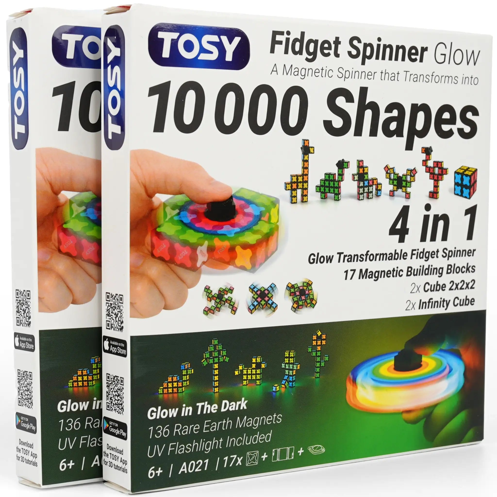 TOSY Glow Magnet Fidget Spinner 2-Pack, 34 Blocks 3-in-1 (Transformable Fidget Spinner, Infinity/Puzzle Cube) STEM Stress Relief Toys, Gift for Kids