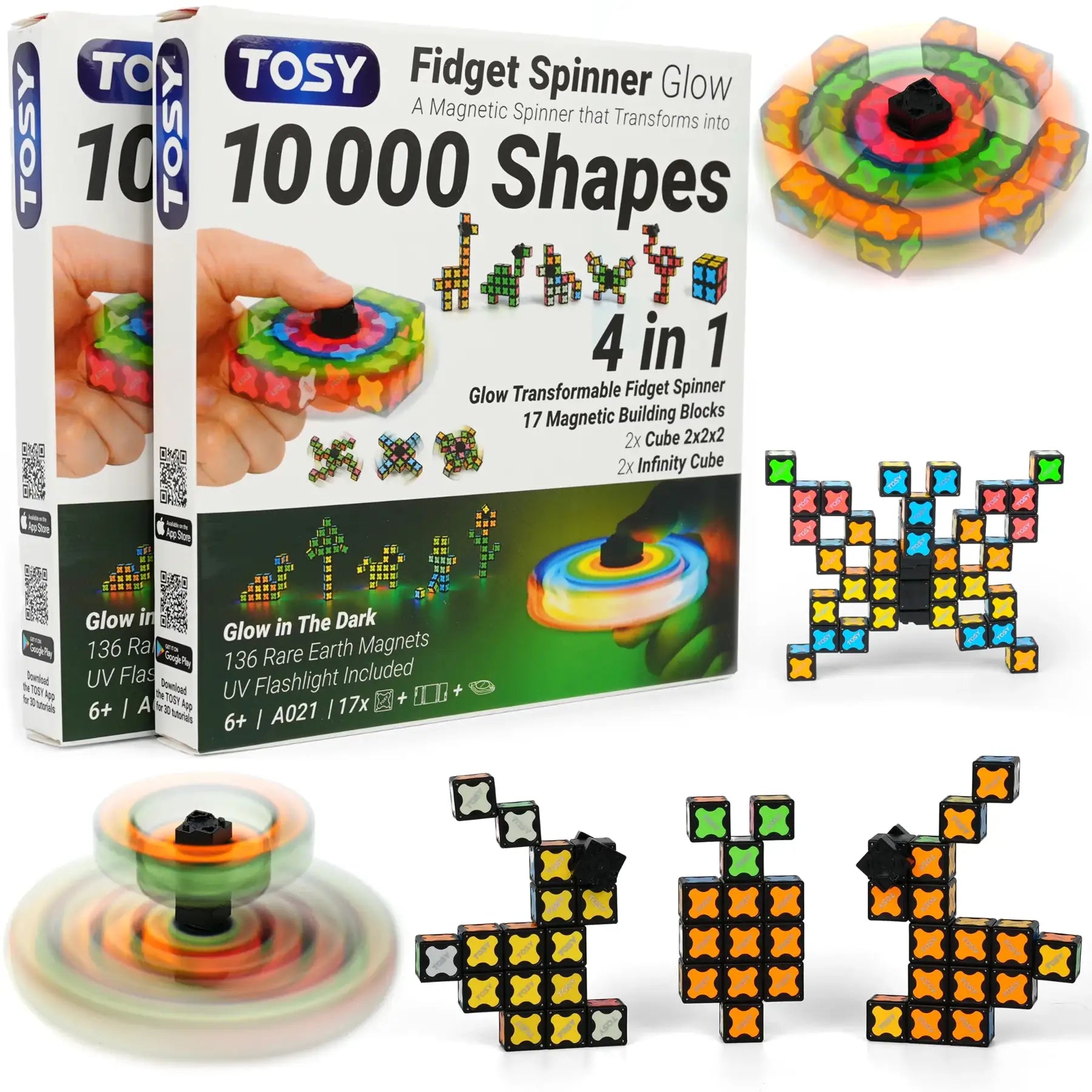 TOSY 10 000 Shapes fidget spinner toy set with packaging and magnetic building blocks.