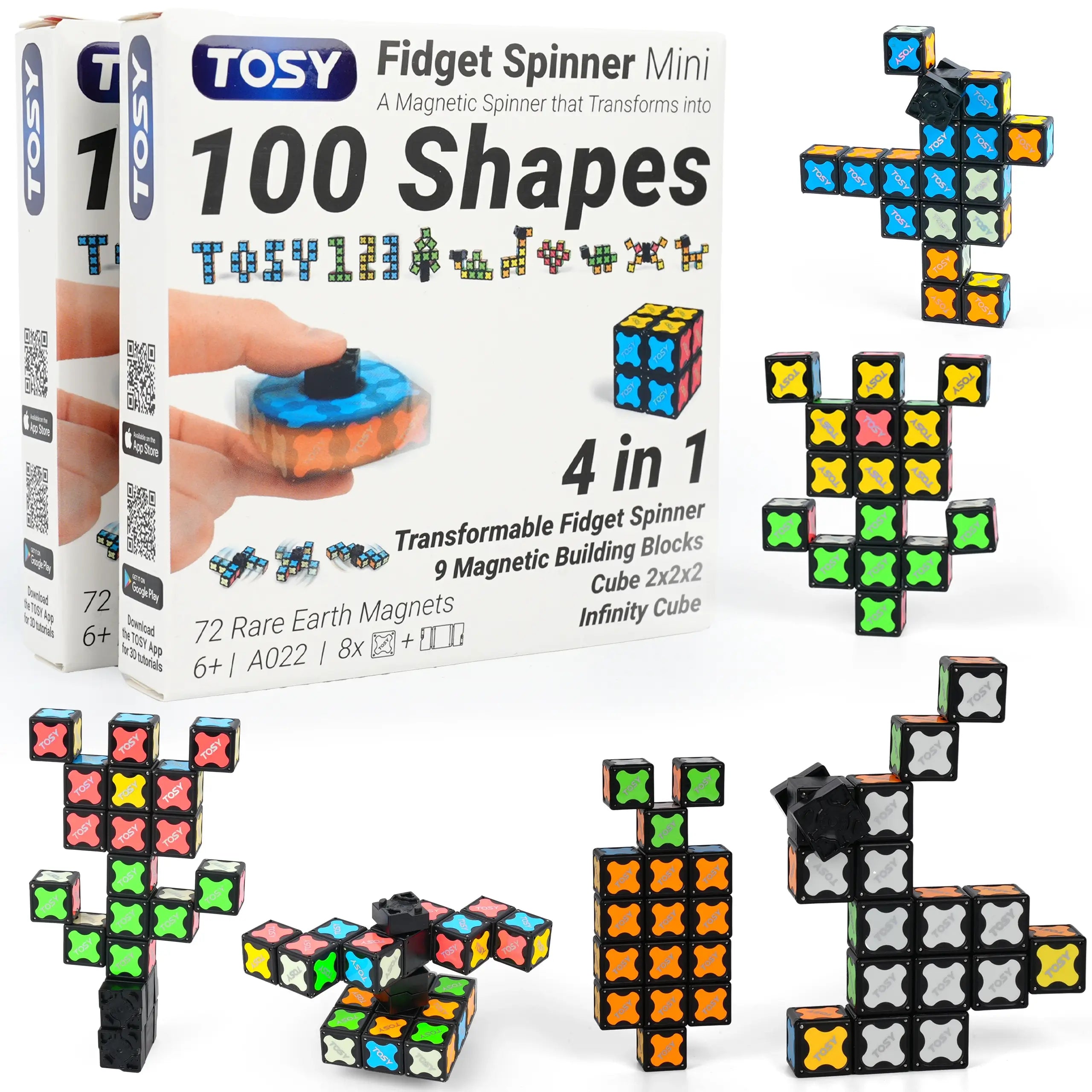 TOSY fidget spinner mini set with packaging and assembled shapes on a white background