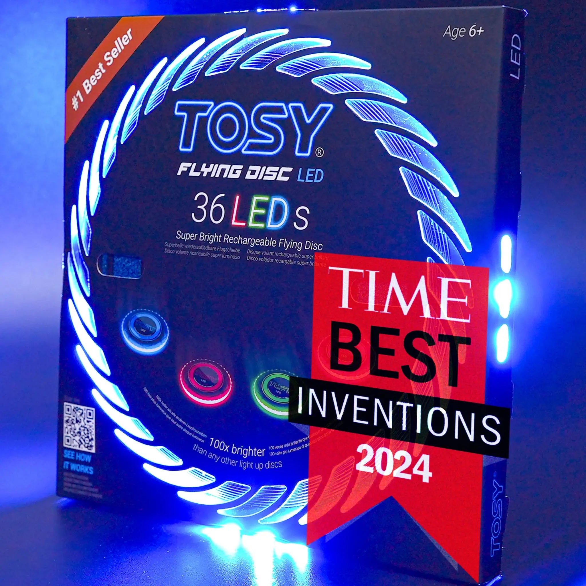 TOSY Flying Disc Mono Led packaging with 'Time Best Inventions 2024' award on a blue background