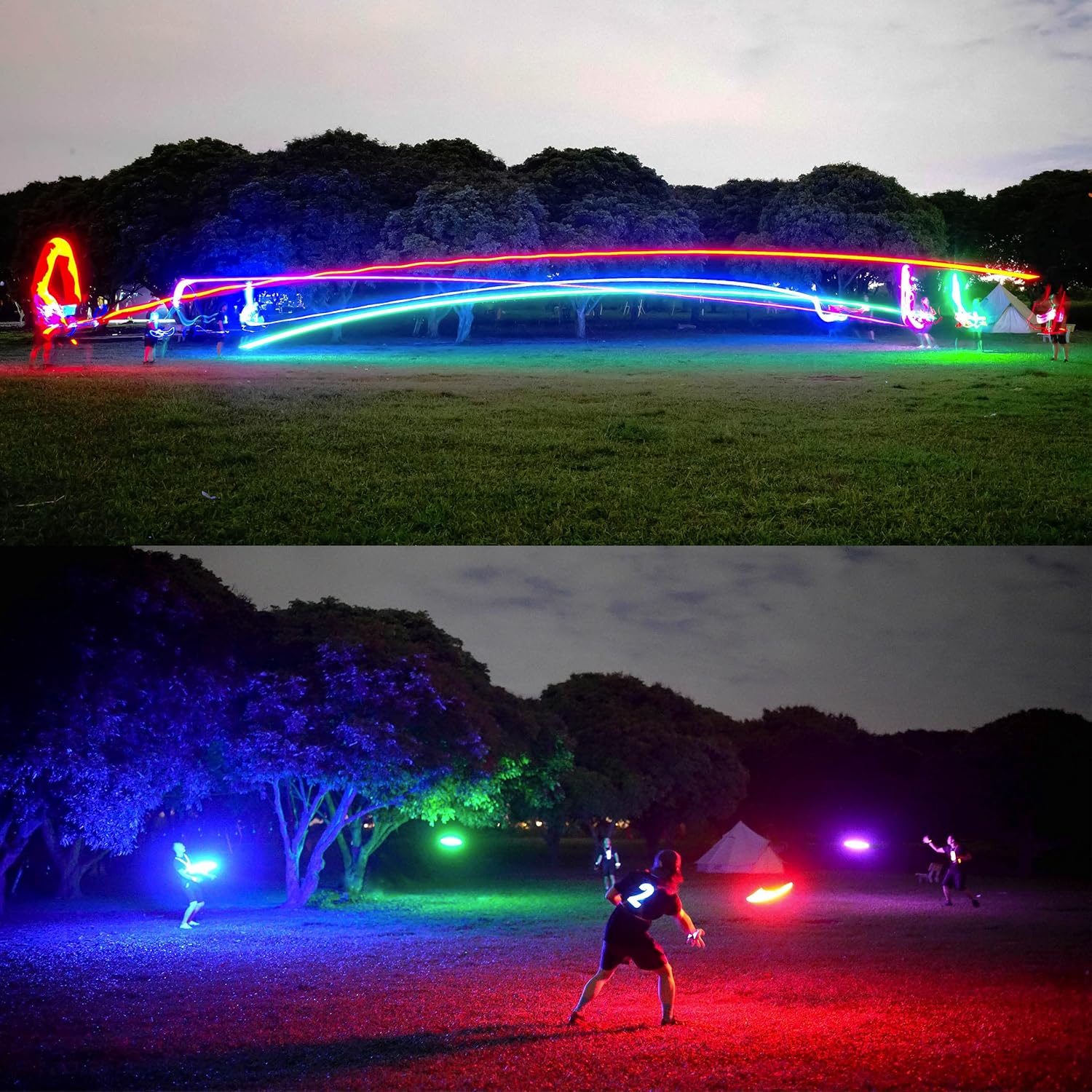 Two images showing people with TOSY led frisbee in a park at night.