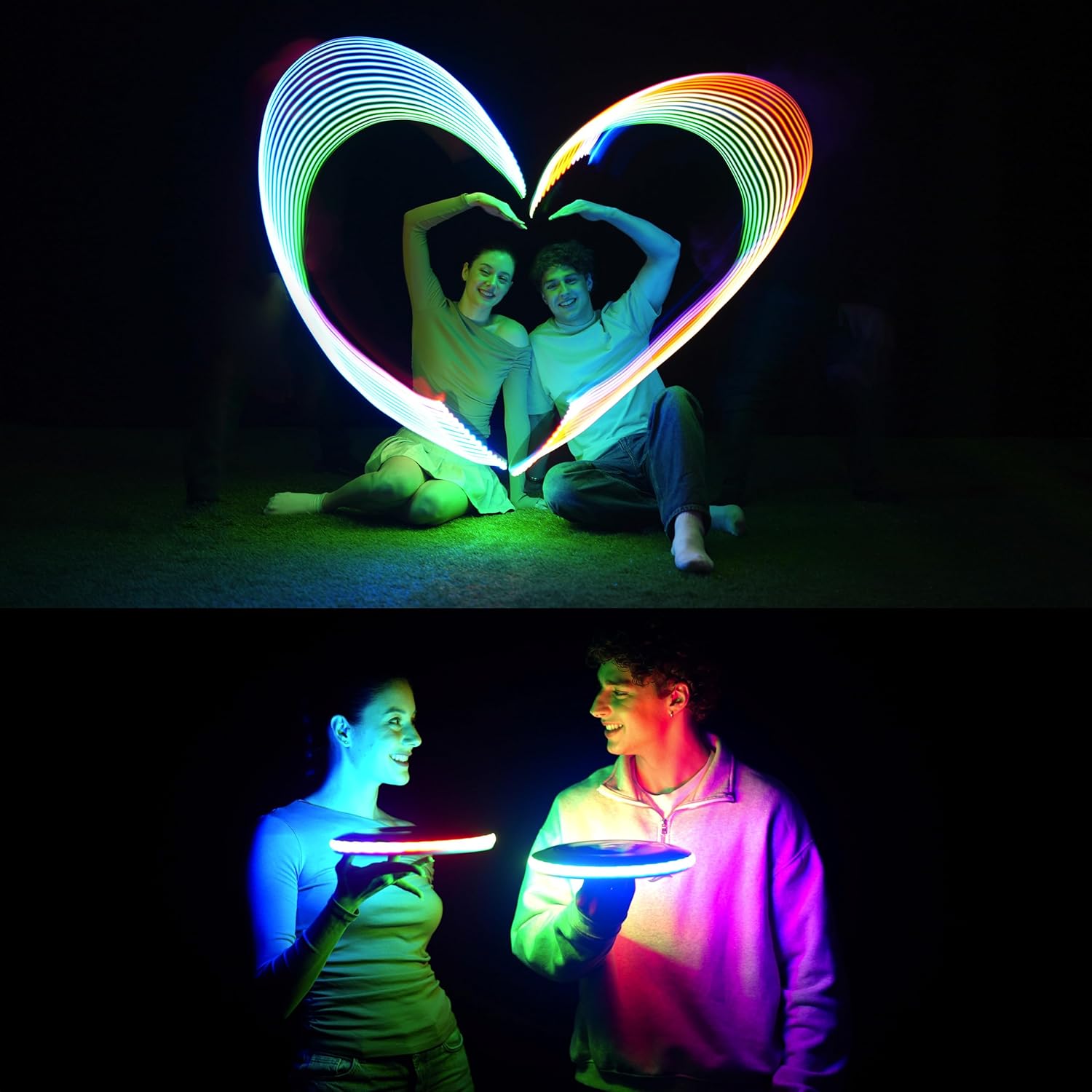 Couple playing with the TOSY LEDs Frisbee RGB outdoors