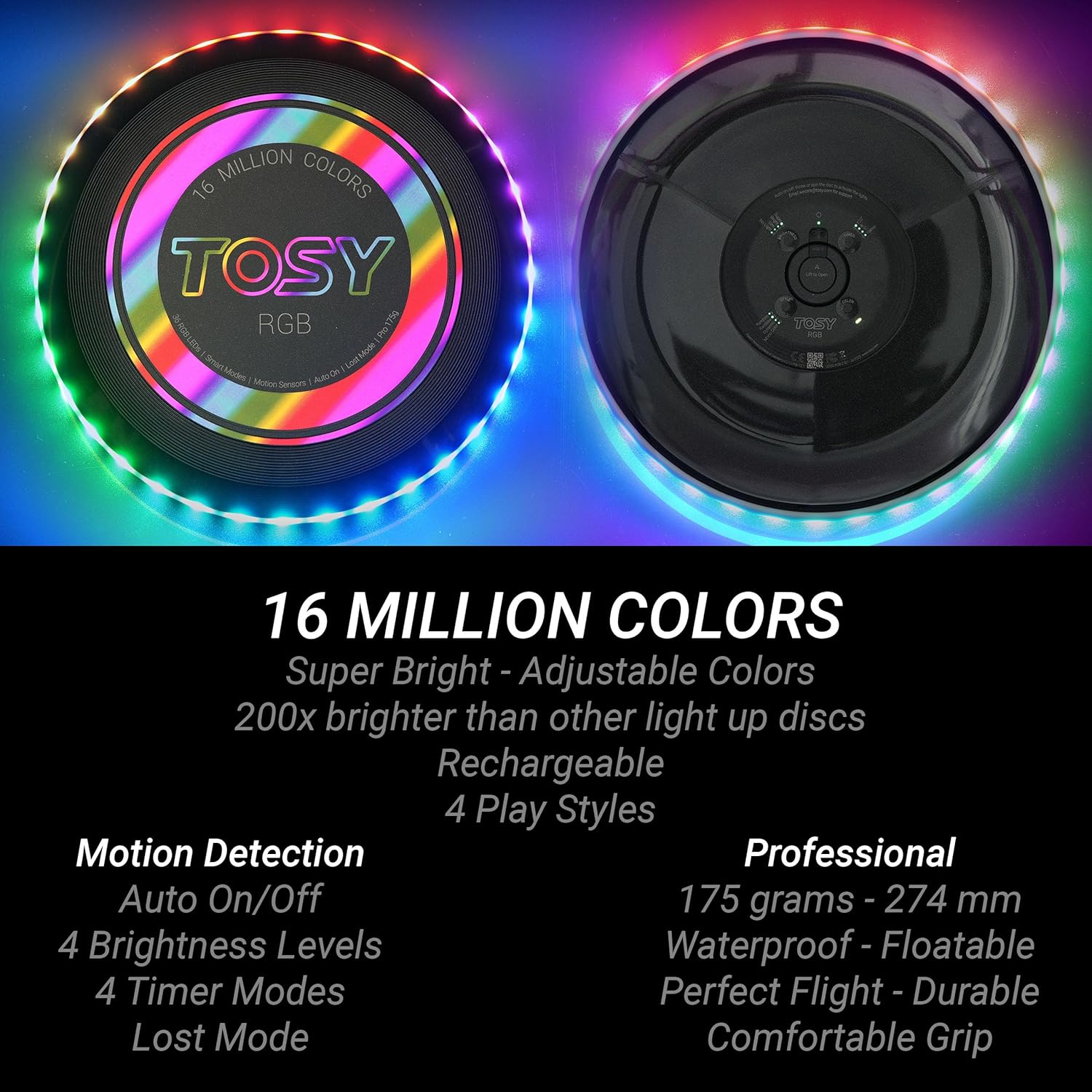 Front and back view of TOSY Flying Disc RGB showing 16 million color lighting effects