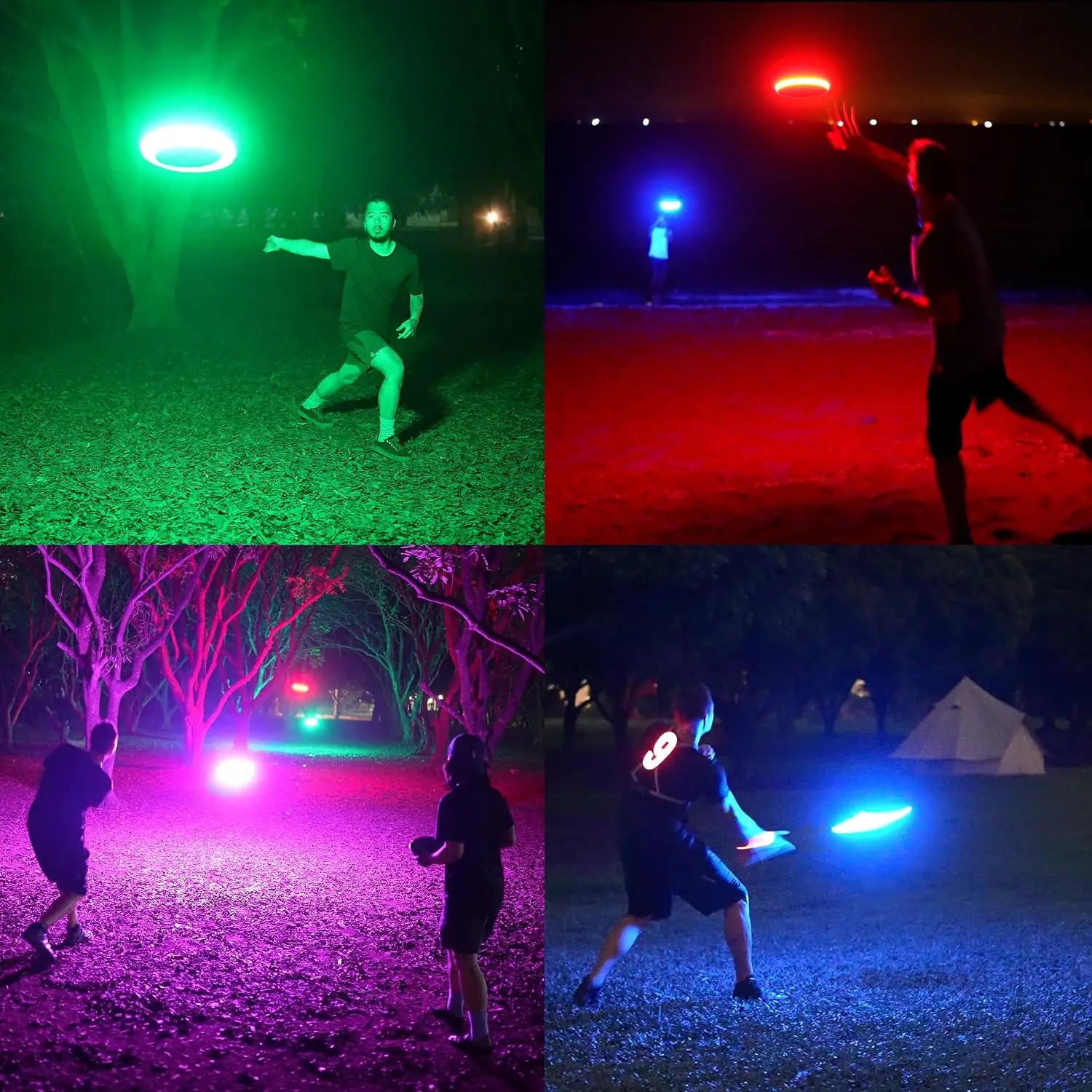 Four different ways to play with the TOSY Flying Disc RGB at night, featuring bright LED flying disc games for friends and family.