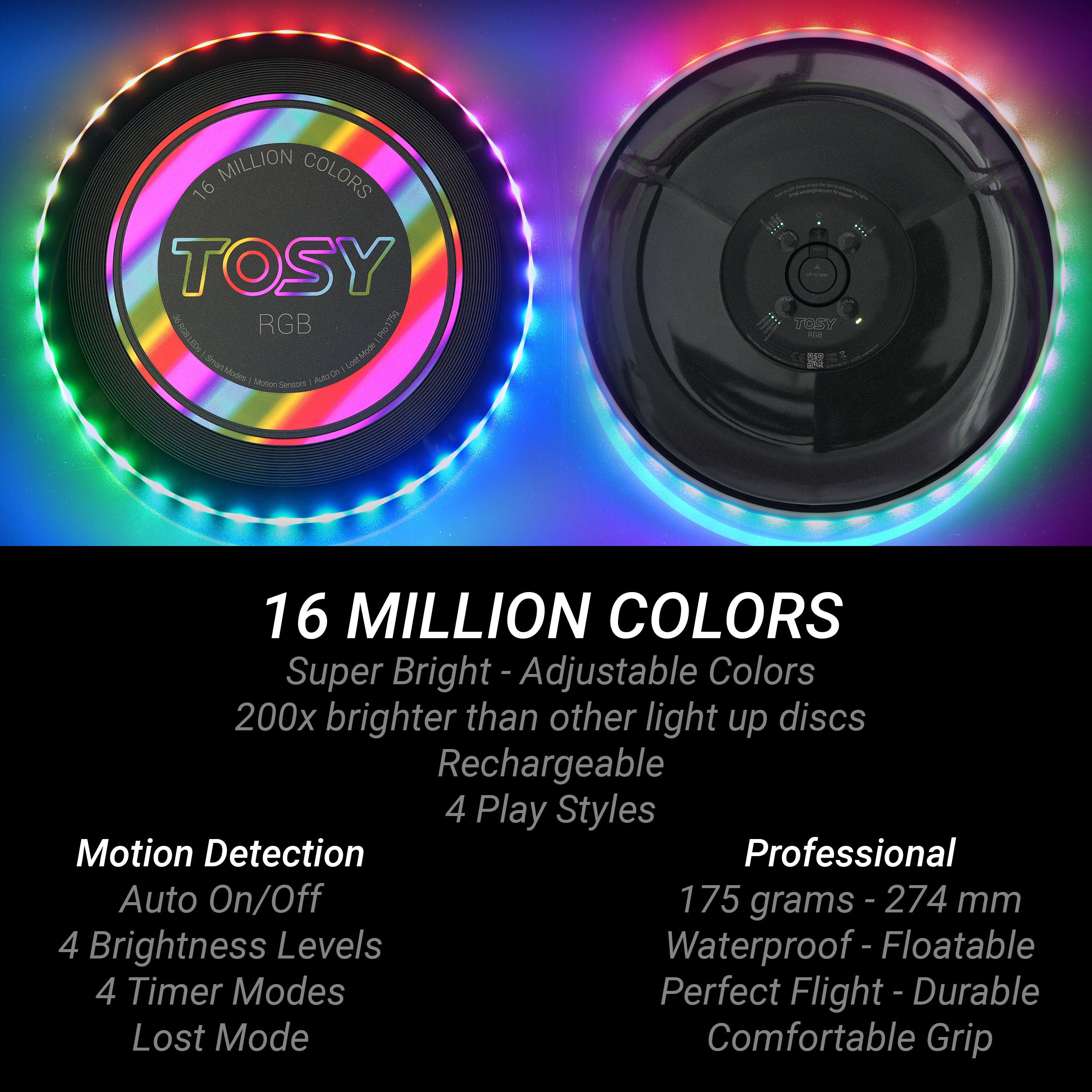 TOSY RGB light-up frisbee with colorful LED lighting and feature text on a black background