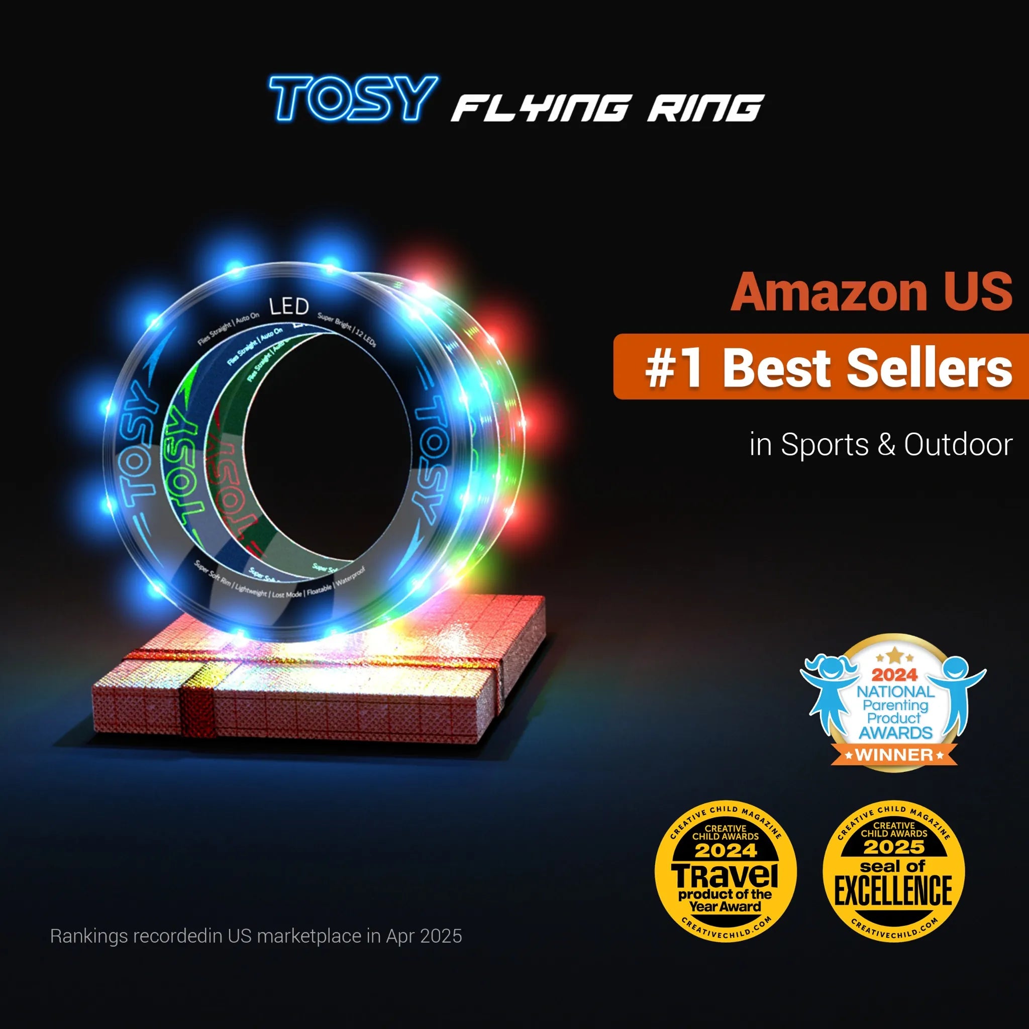 TOSY Flying Ring with colorful LED lights on a black background, featuring Amazon US best sellers and awards.