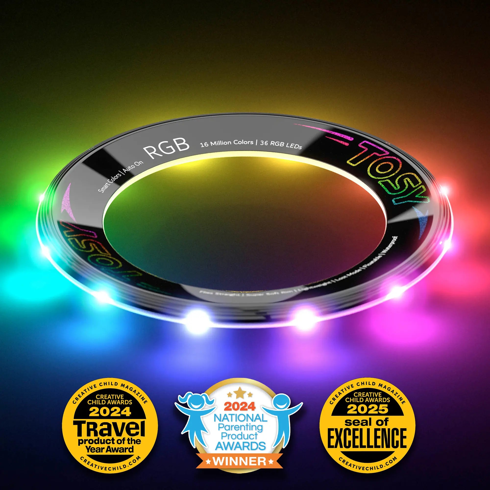 TOSY Flying Ring RGB with 36 RGB LEDs and 16 million colors glowing on a dark