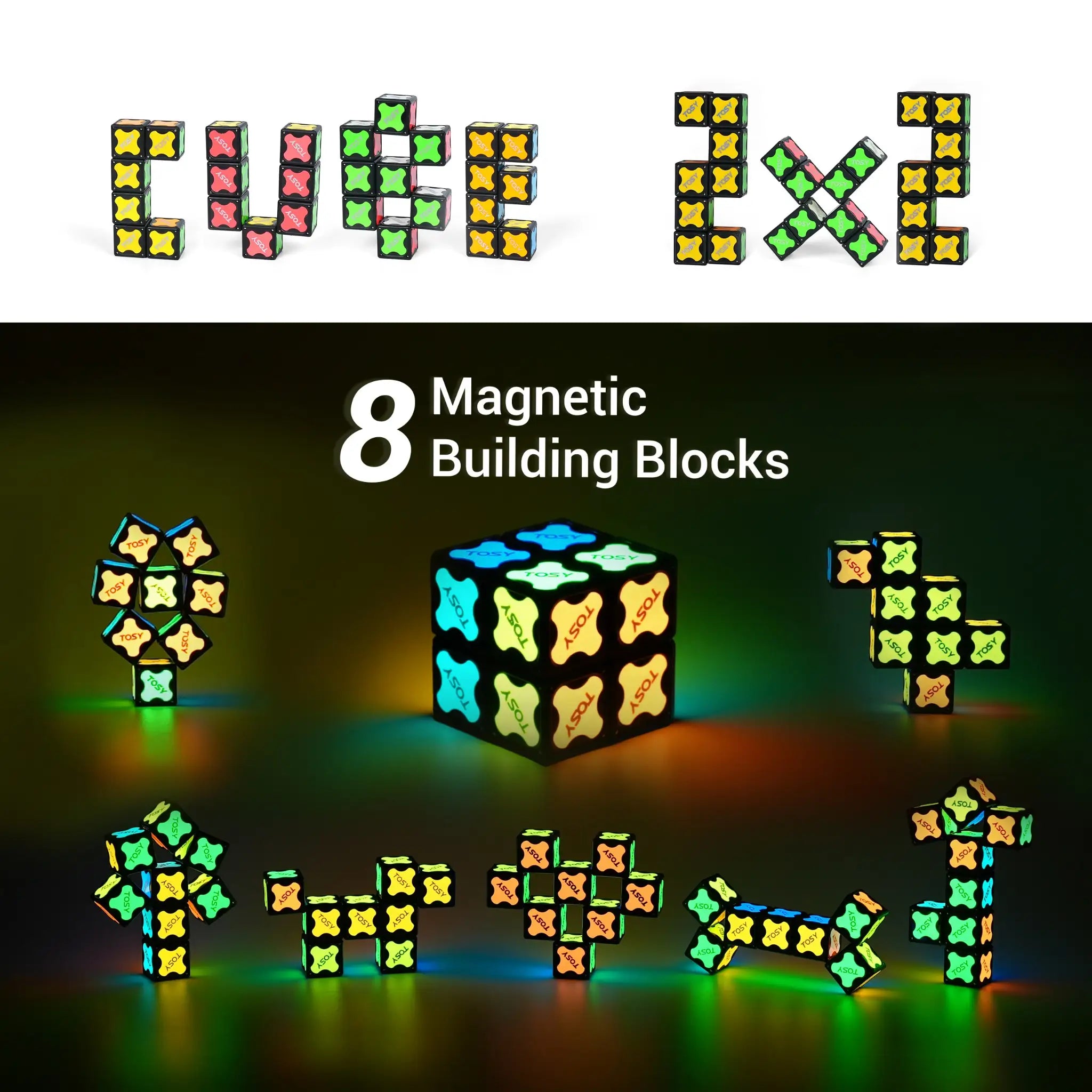 Magnetic building blocks with colorful design on a dark background