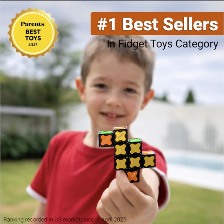 Child holding TOSY magnet cube with 'Parents' Best Toys 2023' and '#1 Best Sellers in Fidget Toys Category' text.