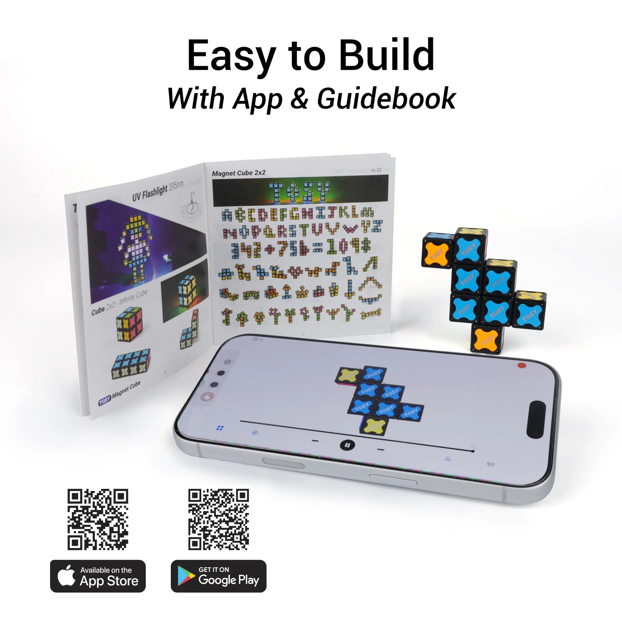 Magnetic coding set with smartphone app, guidebook, and QR codes on a white background