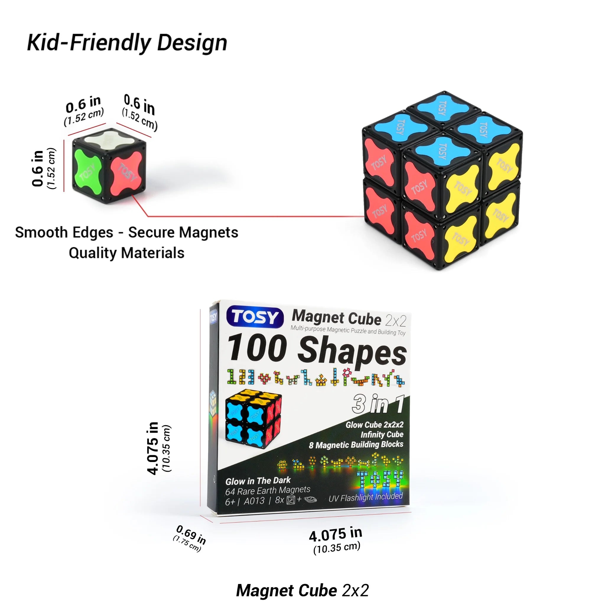 TOSY Magnet Cube 2x2 with packaging and specifications on a white background