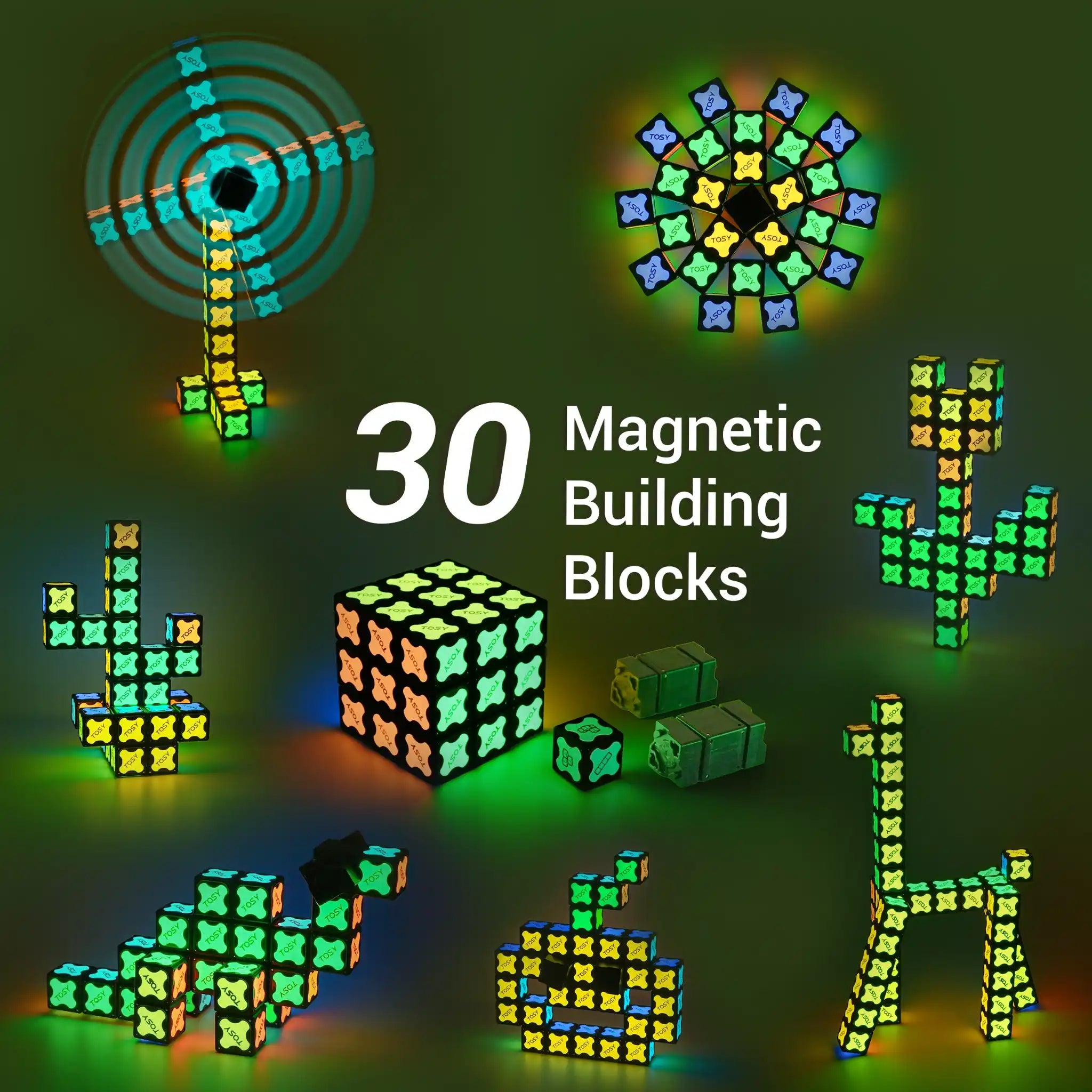 30 magnetic building blocks with glowing effect on a dark background