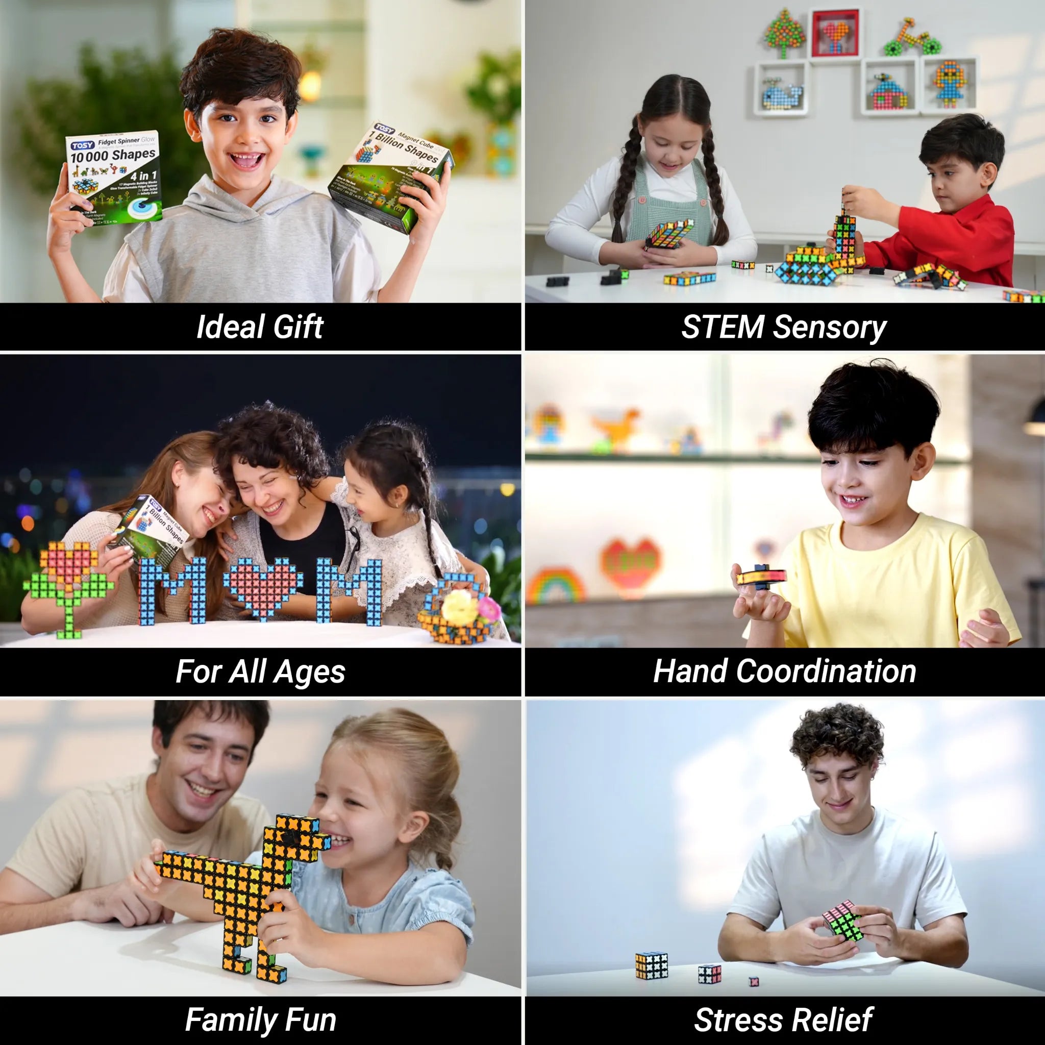 Collage of people playing with Rubik's Cube-like toys, highlighting various benefits and scenarios.