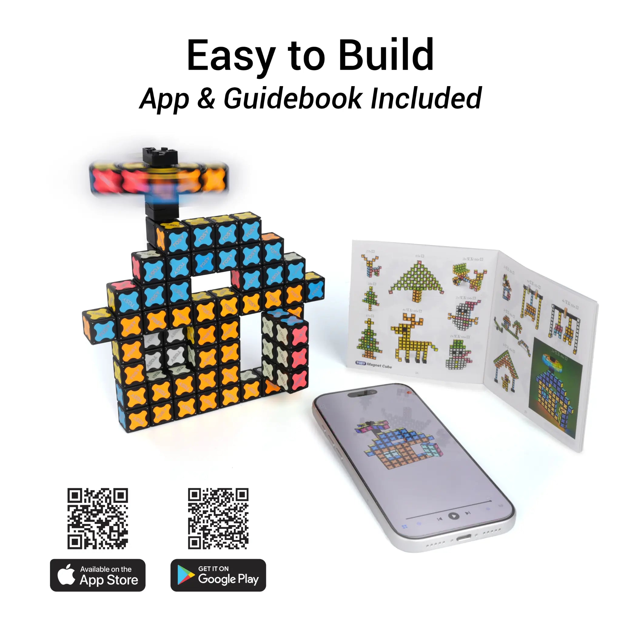 Colorful building block set with smartphone displaying app, guidebook, and QR codes on a white background