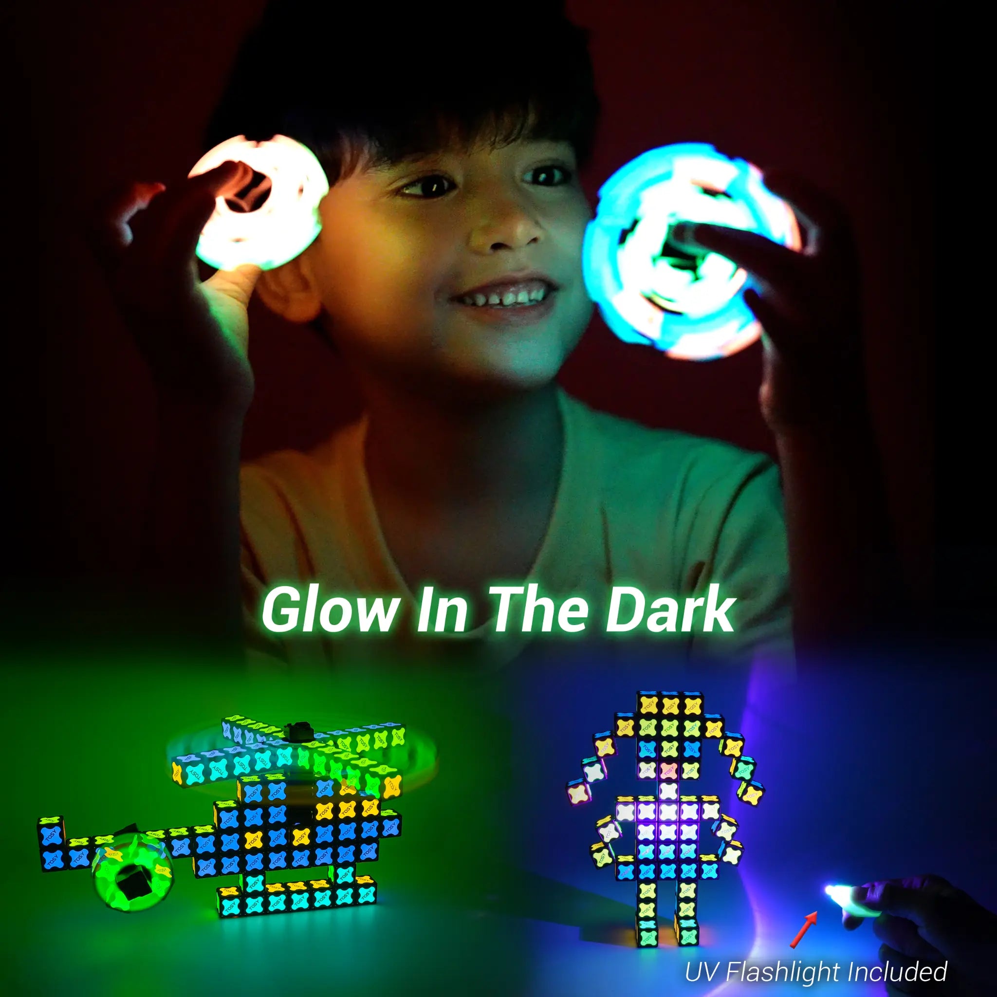 Child playing with glow-in-the-dark toys in the dark, with text 'Glow In The Dark' and 'UV Flashlight Included'.