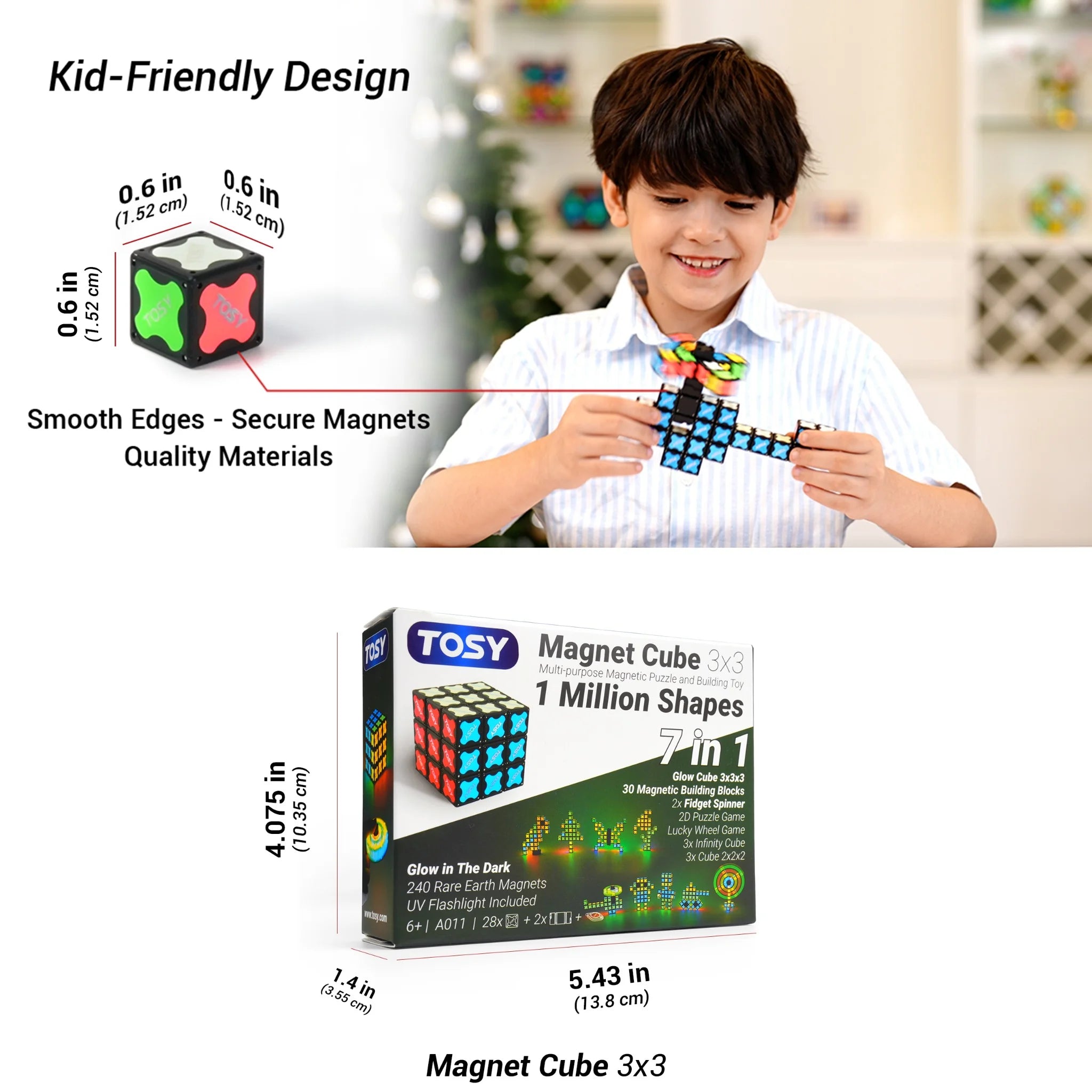 Child playing with a magnetic cube toy, product packaging displayed below.