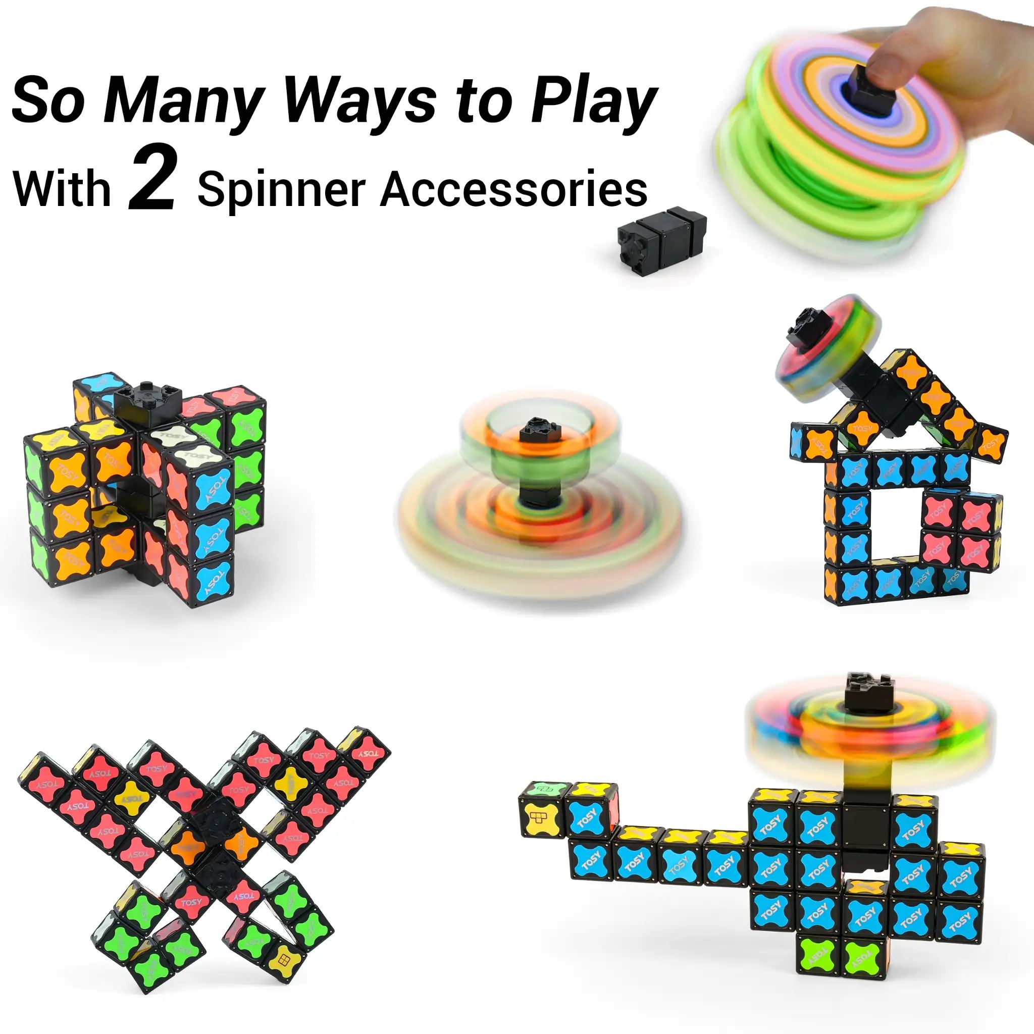 Colorful spinner accessories with text 'So Many Ways to Play With 2 Spinner Accessories' on a white background.
