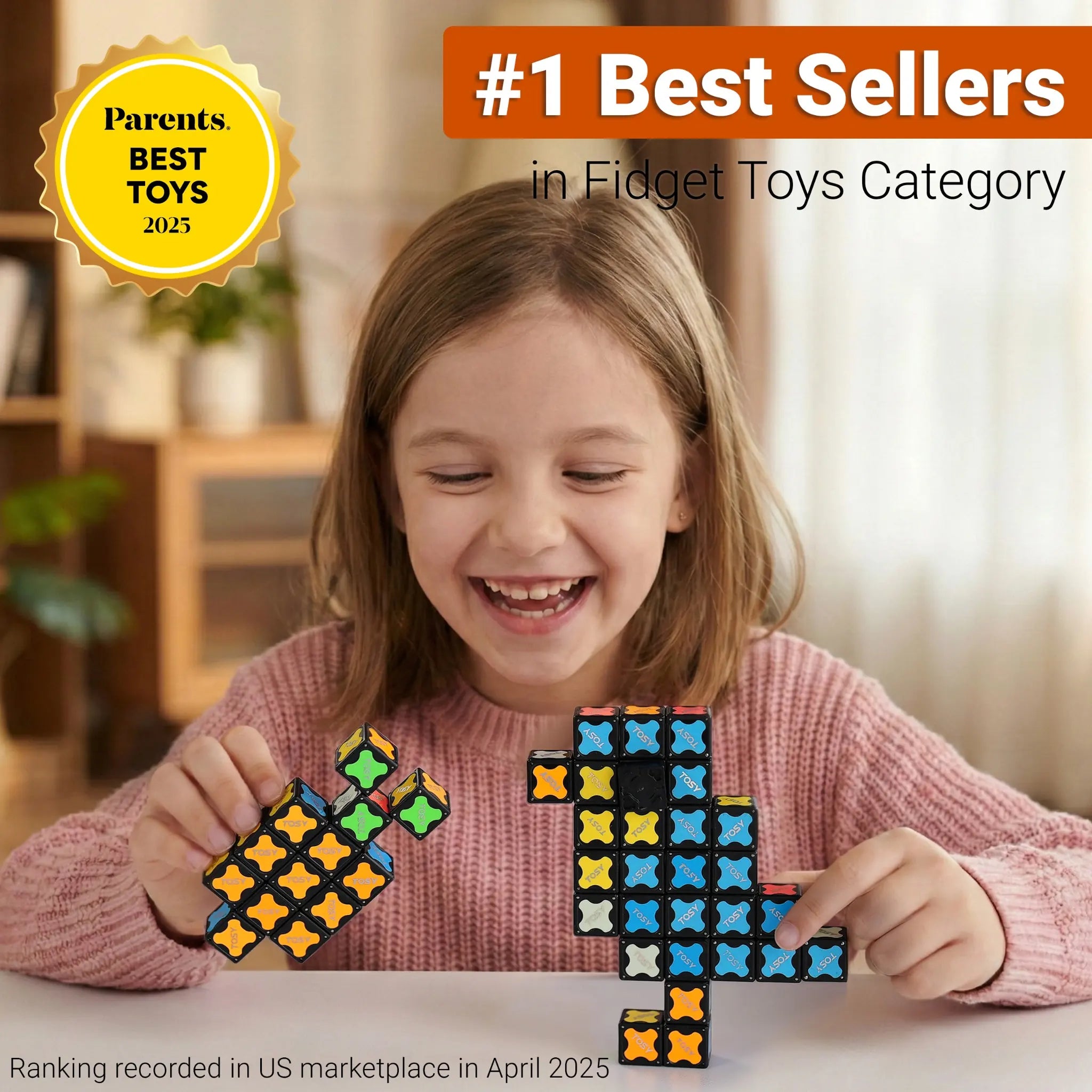 Child playing with TOSY magnet cube fidget toys, claiming #1 Best Sellers in Fidget Toys Category, Parents' Best Toys 2025 award.