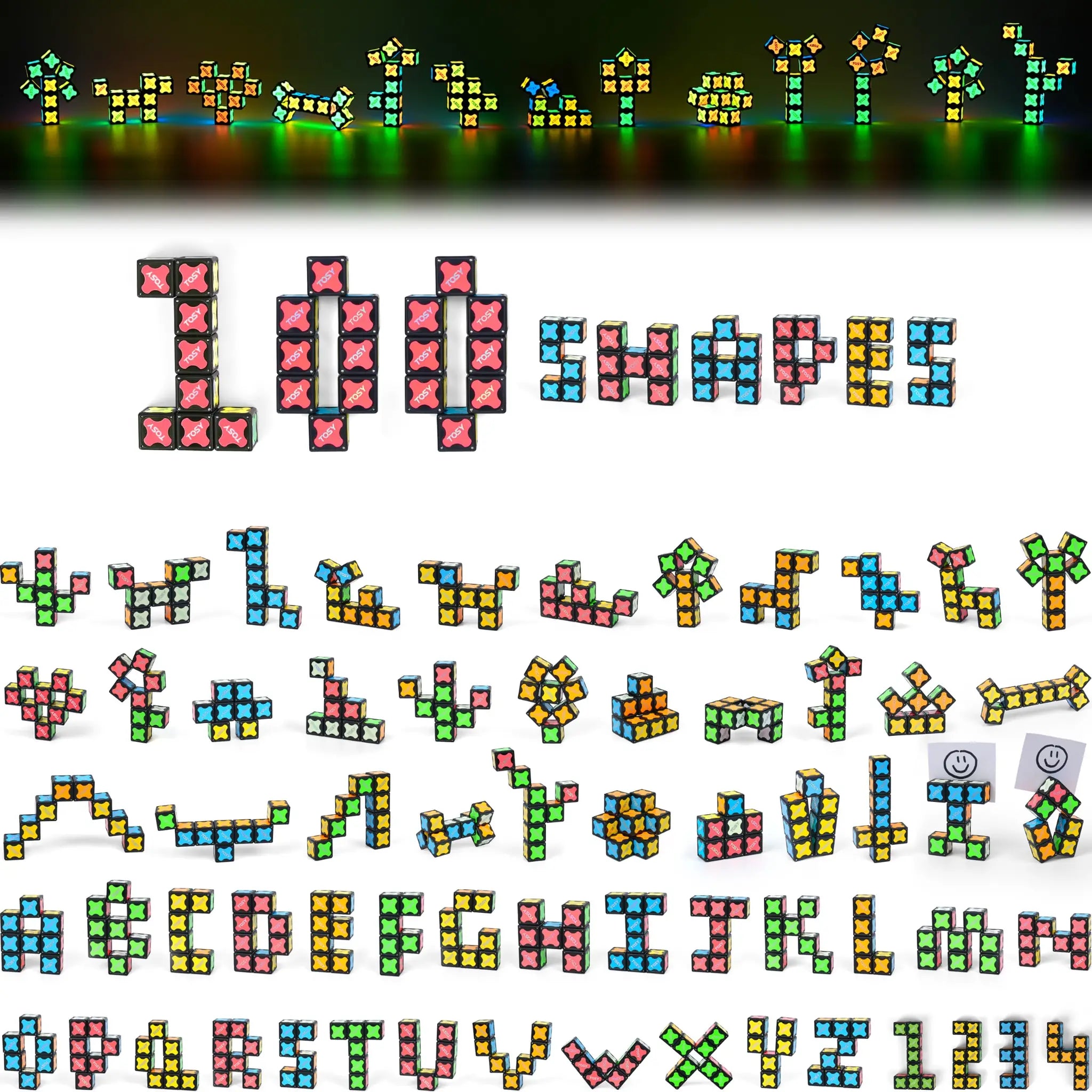 Colorful building block letters and symbols on a white background