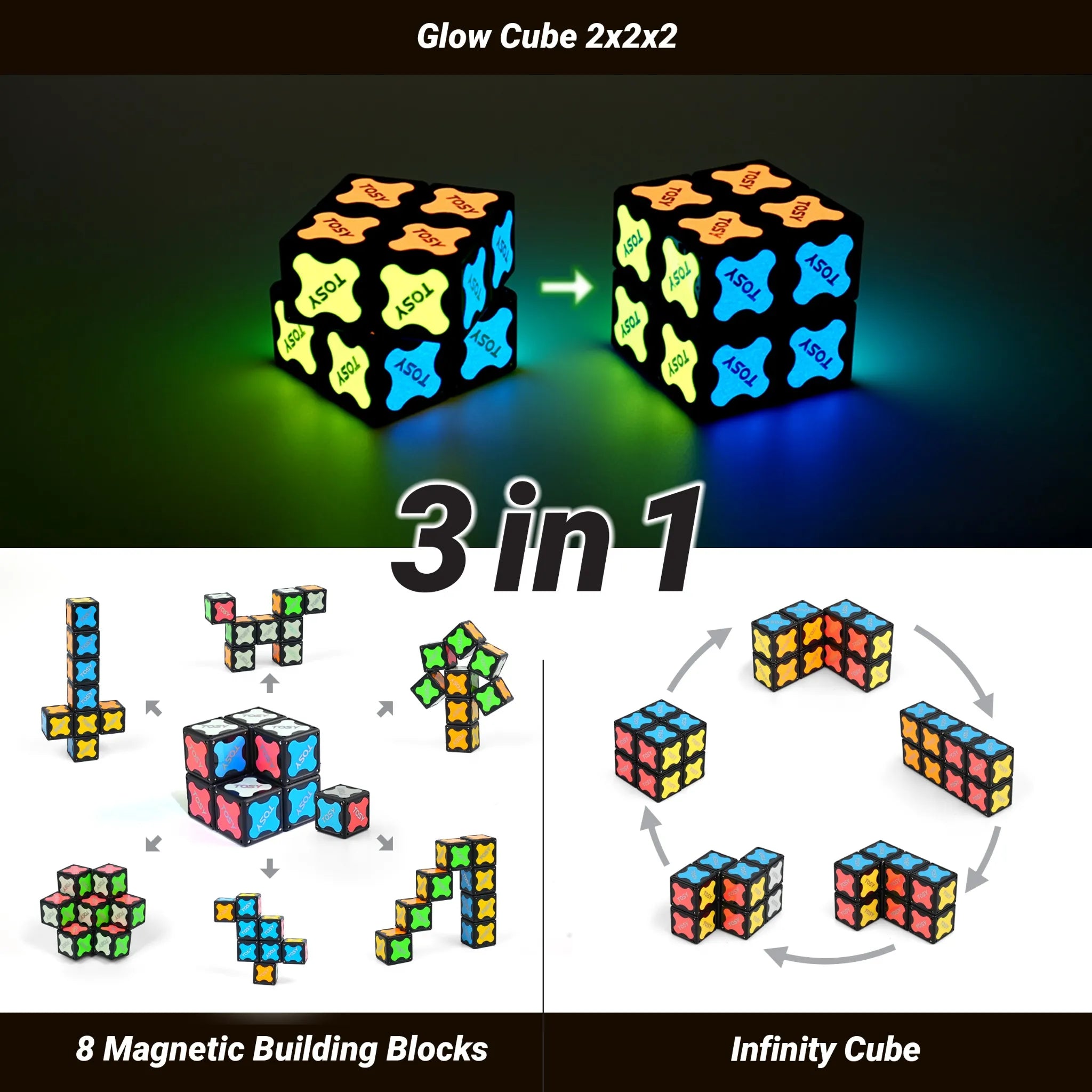 Glow Cube 2x2x2 with magnetic building blocks and infinity cube features on a dark background