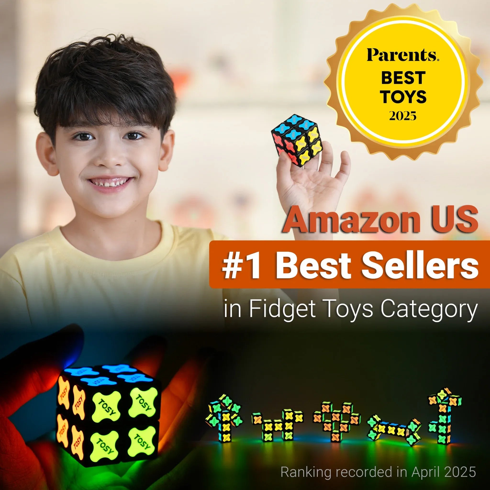 Child holding a fidget cube with promotional text about being #1 best sellers on Amazon US.
