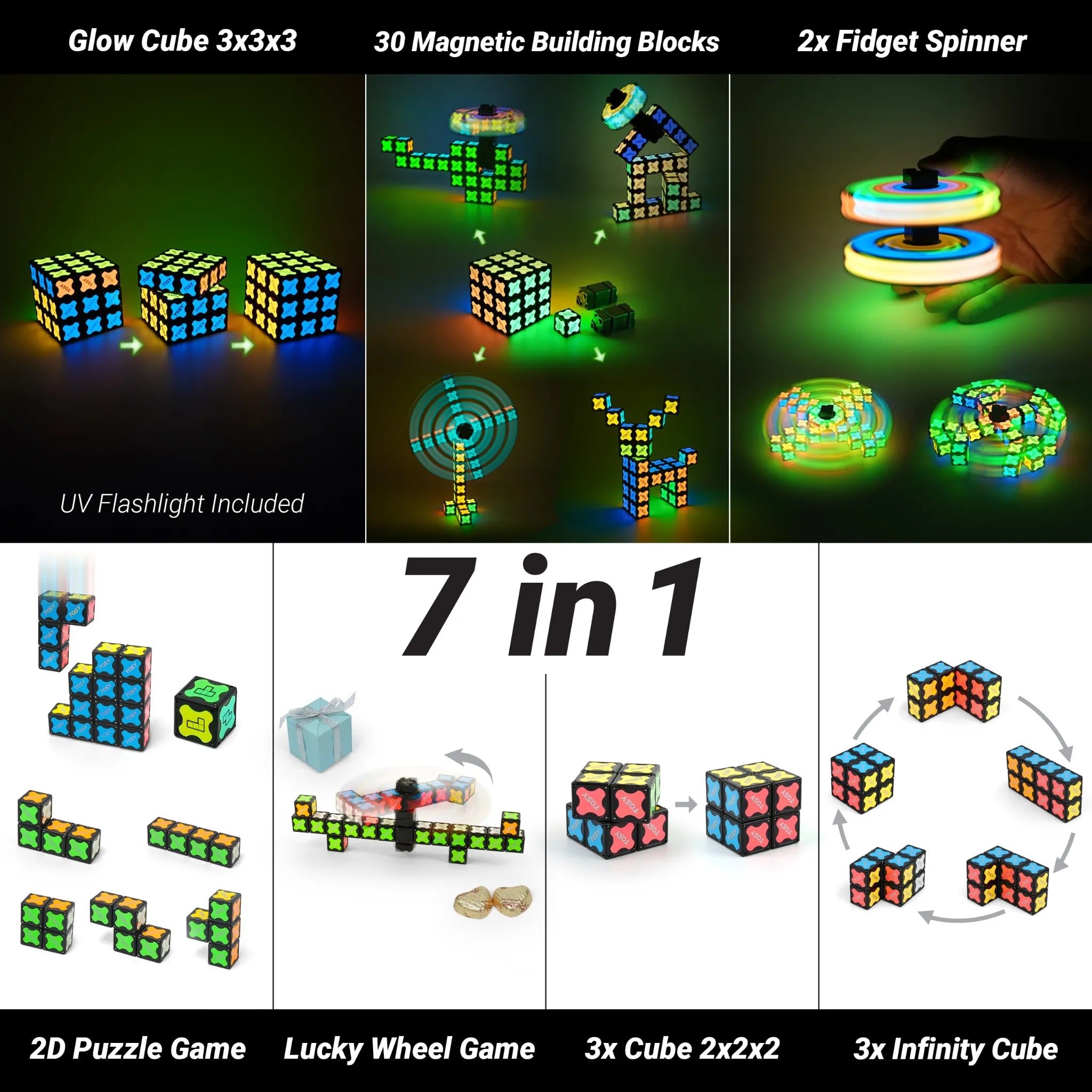 Glow Cube 3x3x3, 30 Magnetic Building Blocks, and 2x Fidget Spinners with UV Flashlight included.