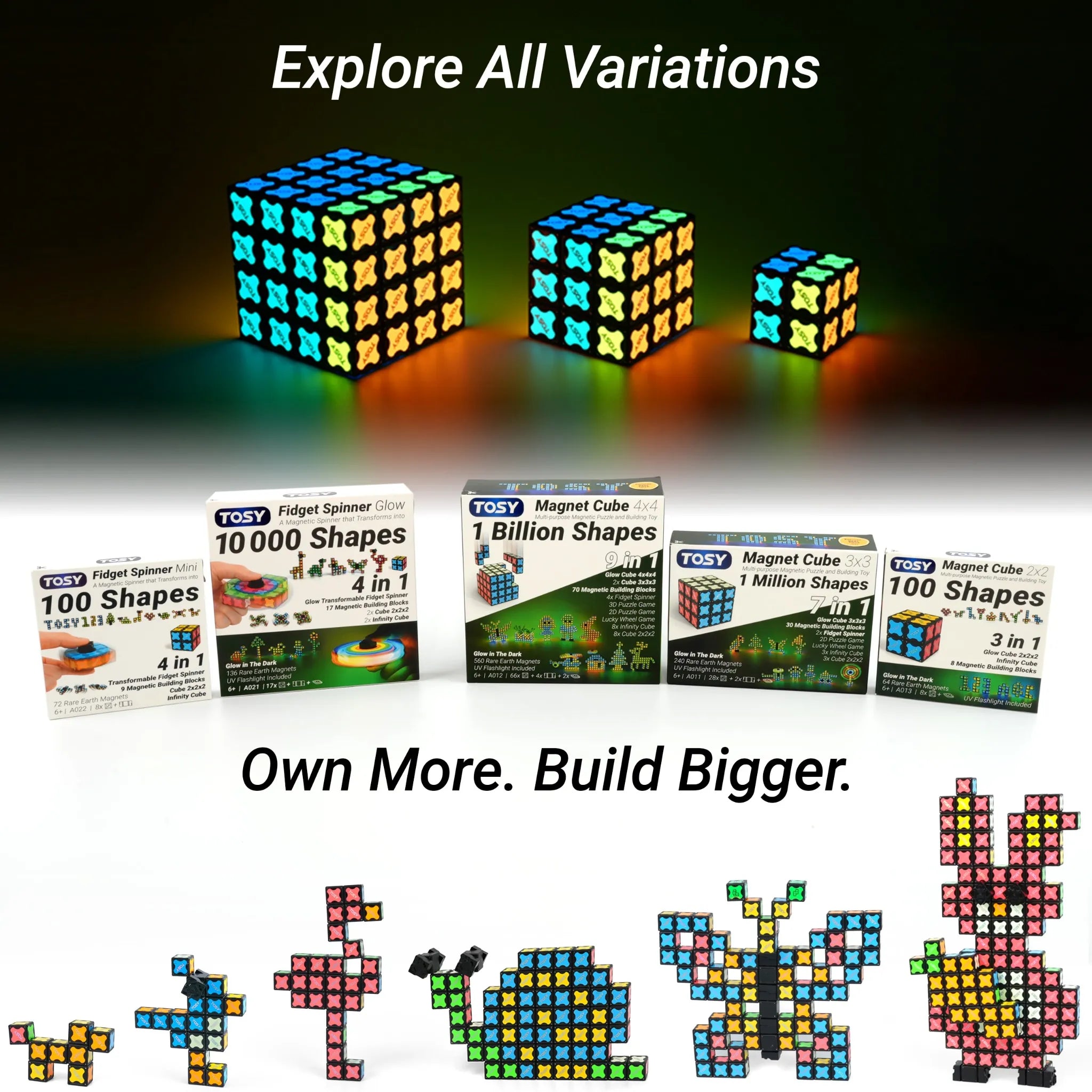 TOSY fidget spinner and magnet cube toys with packaging and assembled shapes on a dark background.
