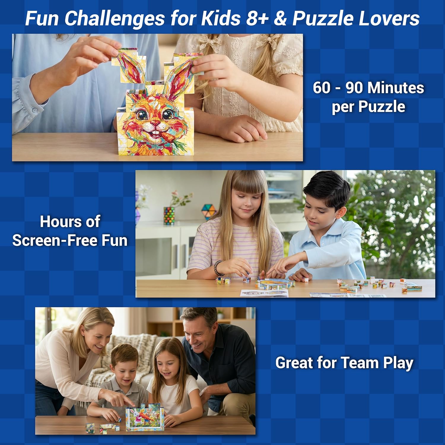 Promotional image of puzzle sets with text highlighting features for kids and puzzle lovers.