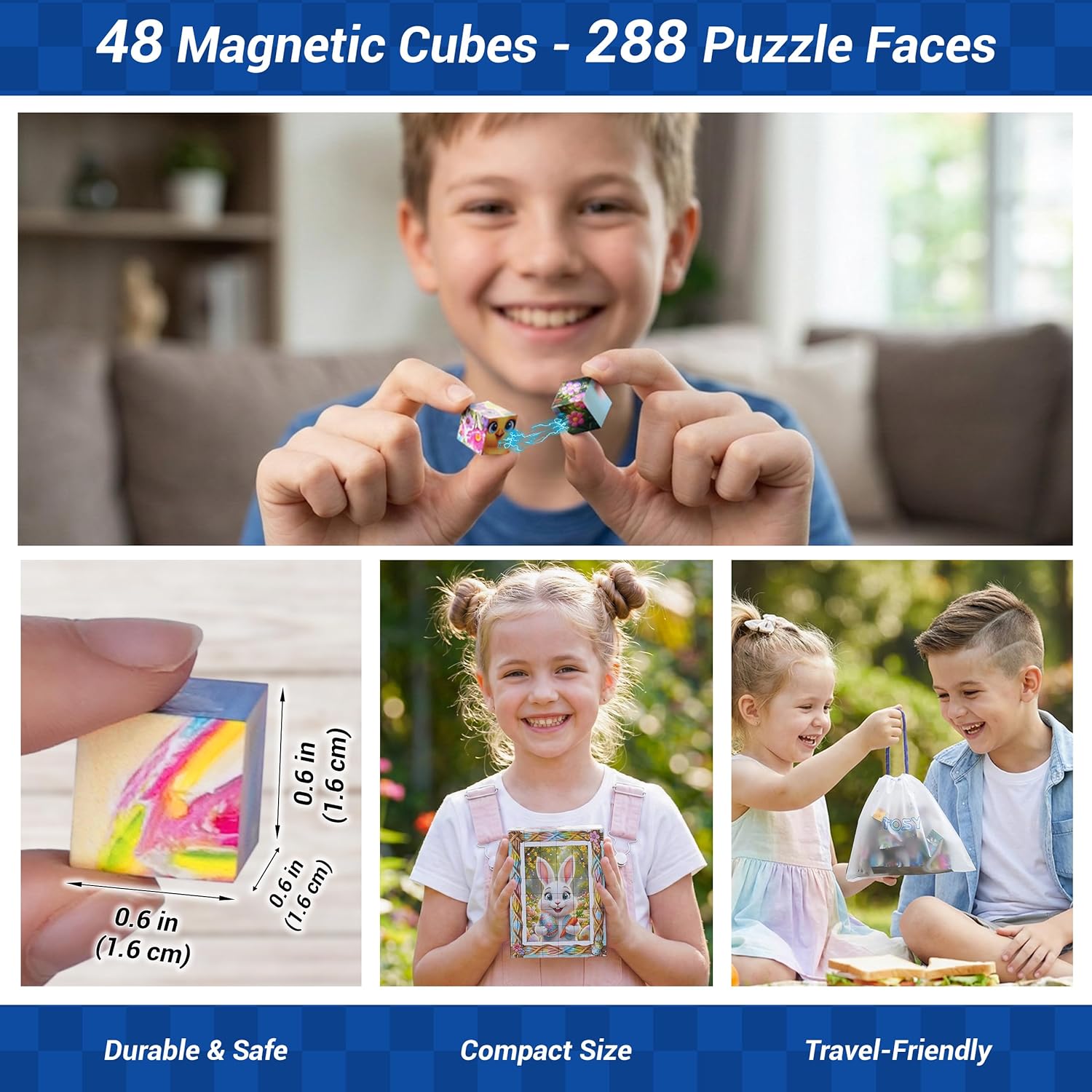 Children playing with magnetic cubes, showing puzzle faces and compact size, with text about quantity and features.