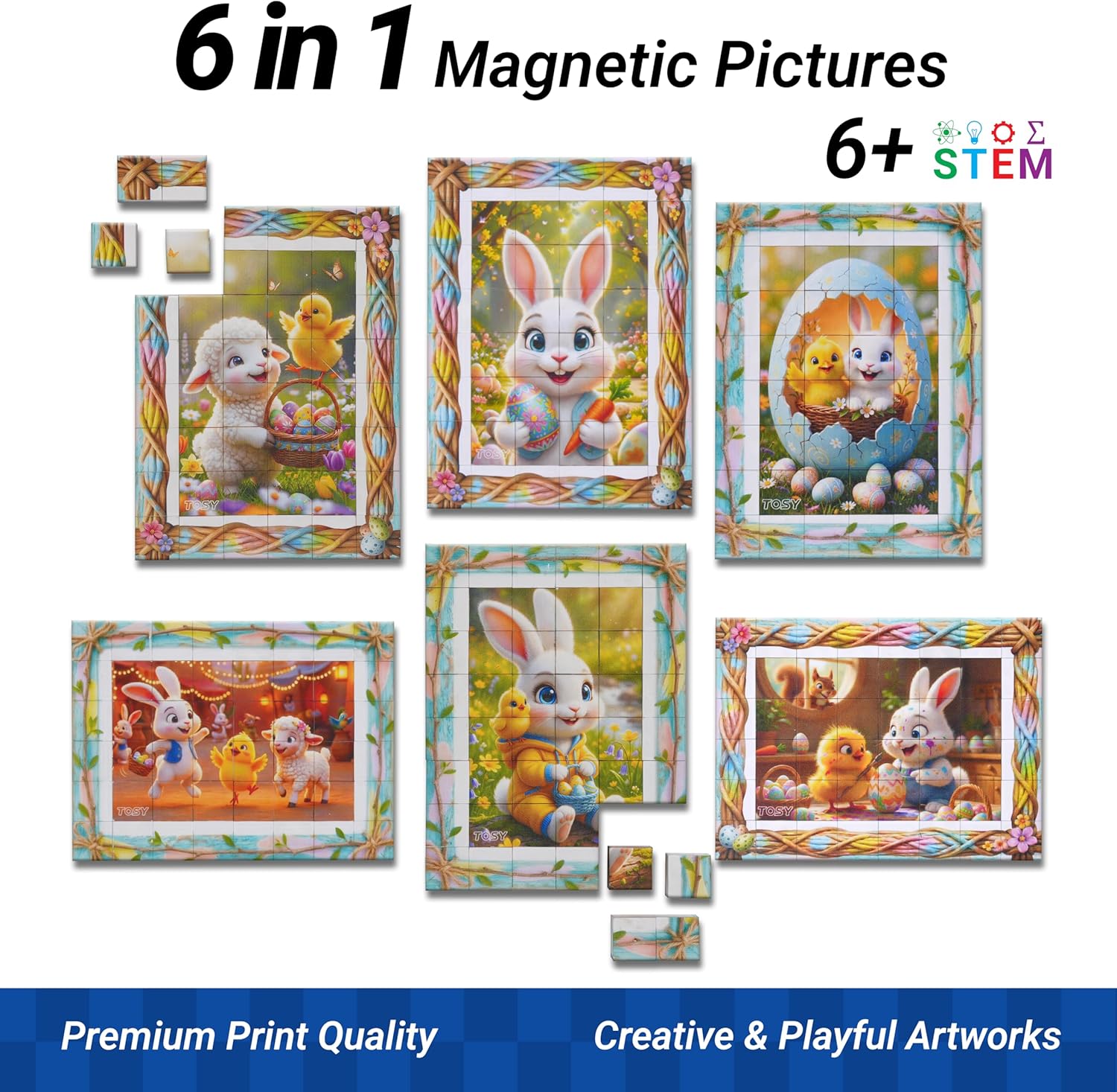 Set of 6 magnetic picture puzzles featuring cartoon characters on a white background.