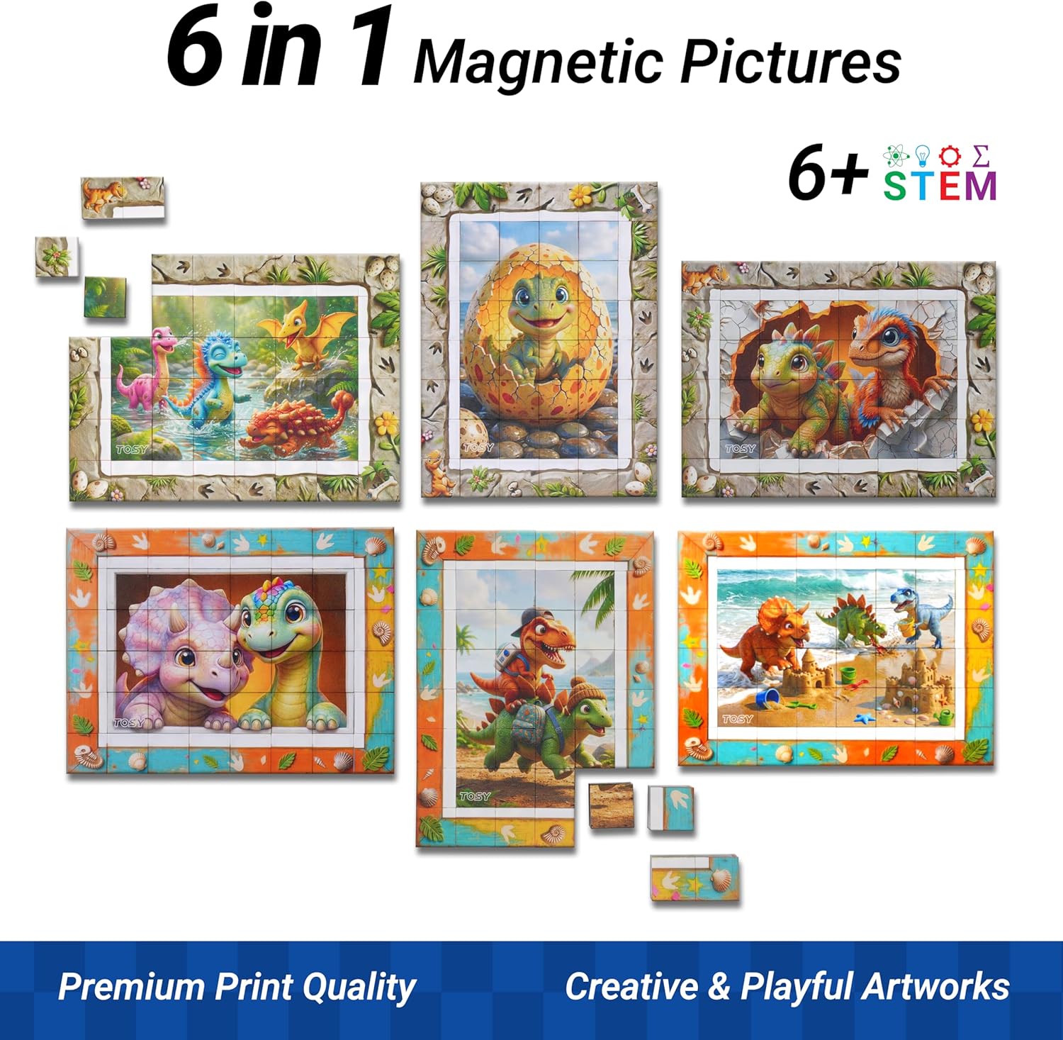 Set of 6 magnetic pictures with dinosaur theme on a white background
