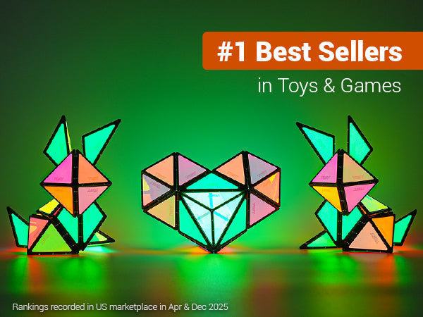 Creative glowing rabbit and heart structures built with TOSY Magnet Pyramid blocks.