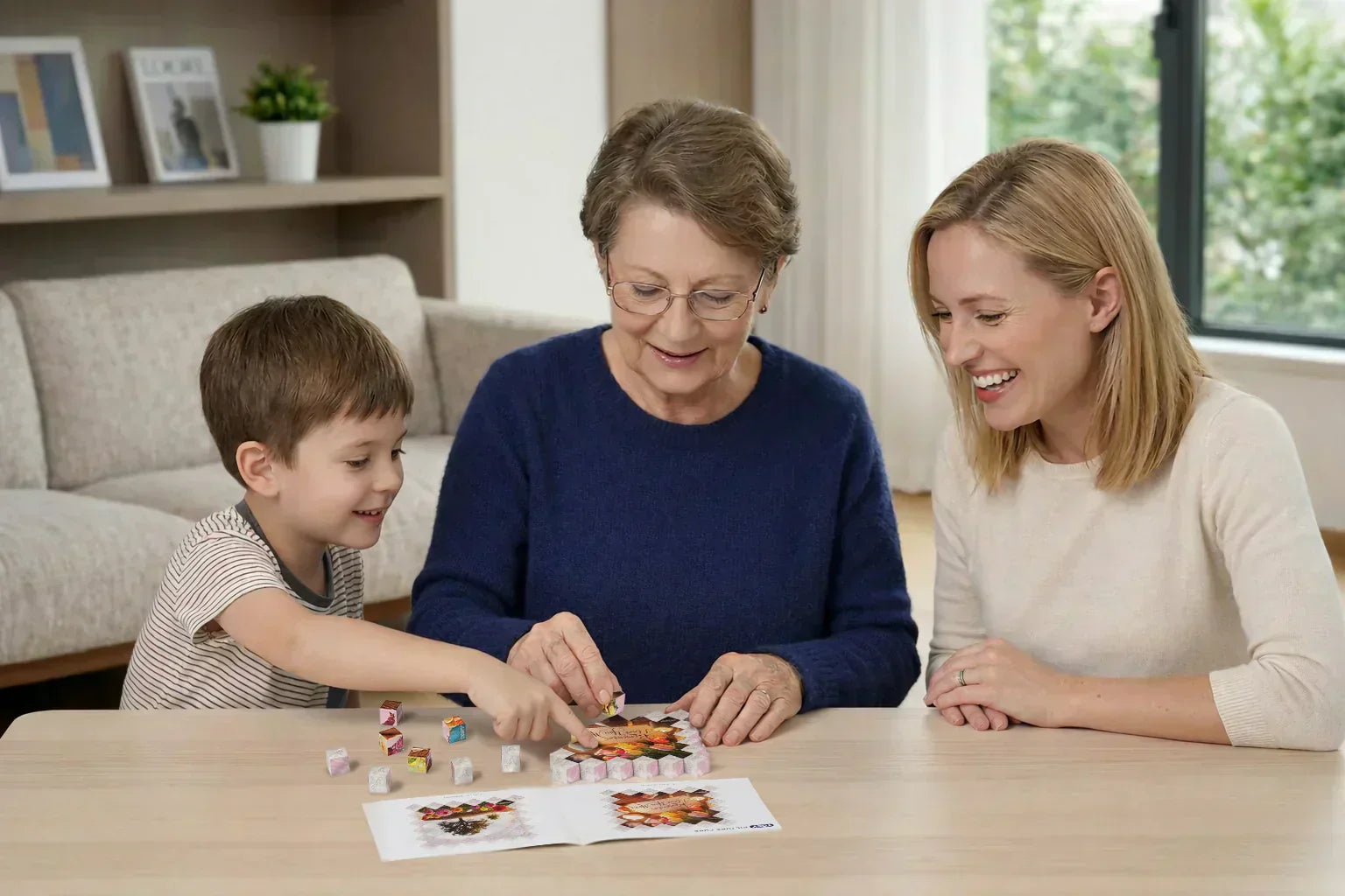 TOSY Picture Cube I Love You Mom – mom, grandma and child enjoying a creative puzzle together for Mother’s Day