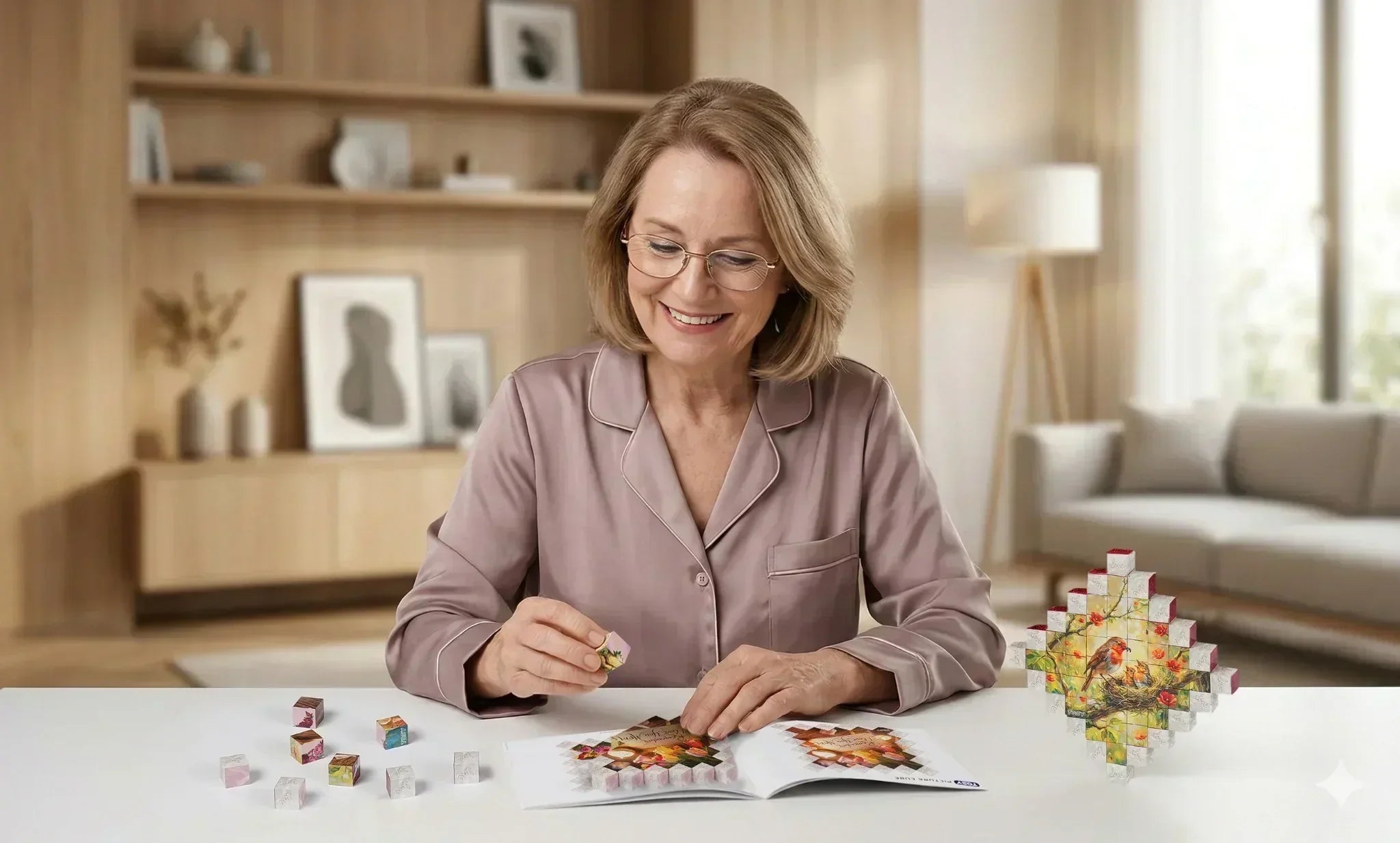 Woman creating a puzzle with TOSY Picture Cube I Love You Mom – meaningful and creative Mother’s Day gift idea at home