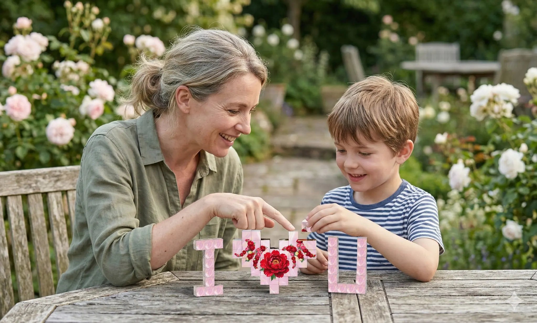 Mother and child playing with TOSY Picture Cube I Love You Mom magnetic puzzle – creative and meaningful Mother’s Day gift idea