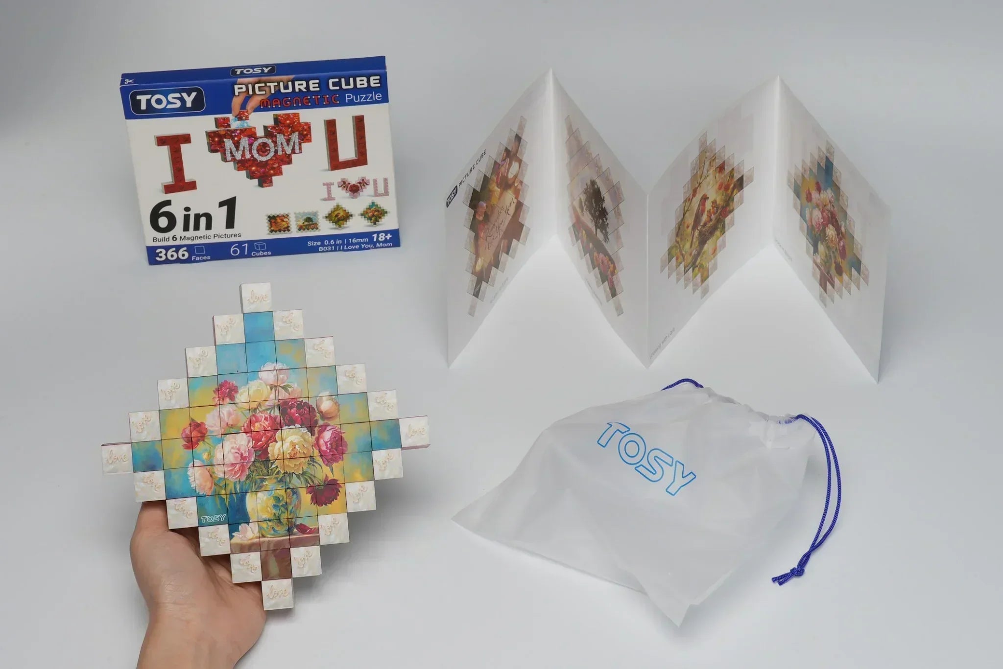 Unboxing Mother’s Day gift 2026 featuring TOSY picture cube I love you mom design with packaging and puzzle pieces
