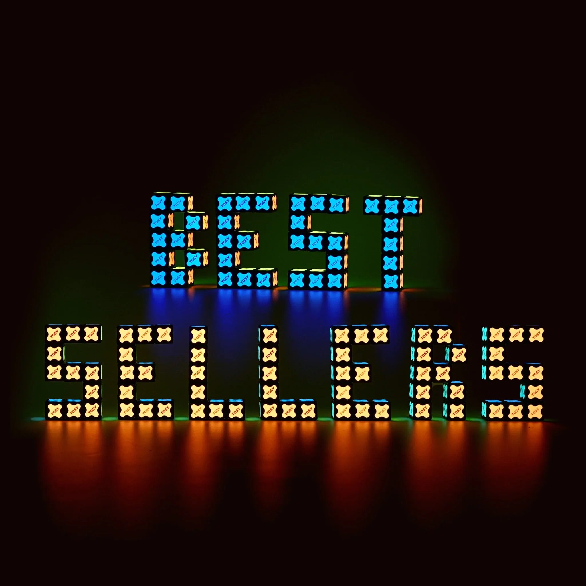 TOSY Best Sellers collection featuring the Flying Disc RGB, Flying Ring RGB, Magnetic Pyramid, Magnetic Cube, and Fidget Spinner, top-selling magnetic and light-up toys for all ages.