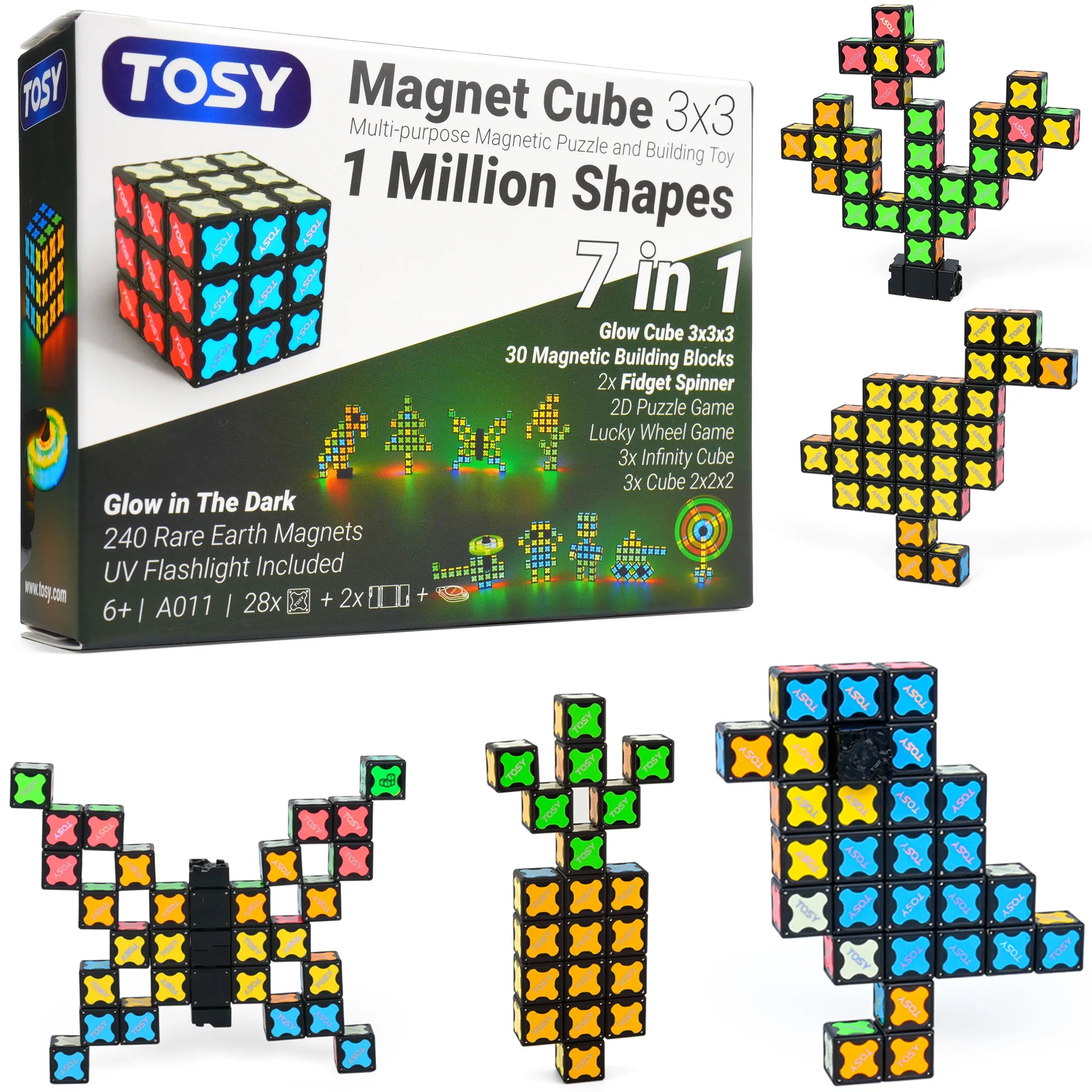 TOSY Magnet Cube 3x3 toy set with packaging and assembled pieces on a white background