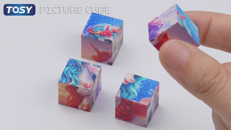 TOSY Picture Cube Fairy Unicorns video showing how to solve a 3D magnetic puzzle and transform 1 image into 6 fairy unicorn pictures for shelf decor