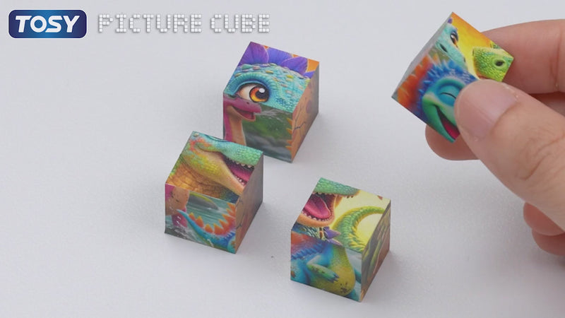 TOSY Picture Cube Cute Dinos video showing how to solve and transform 1 puzzle into 6 different dinosaur pictures for shelf decor
