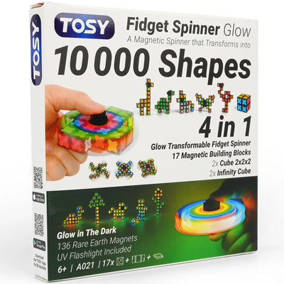 TOSY Fidget Spinner Glow packaging box showing 4-in-1 transformable magnetic spinner, 17 blocks, 136 rare earth magnets, and included UV flashlight