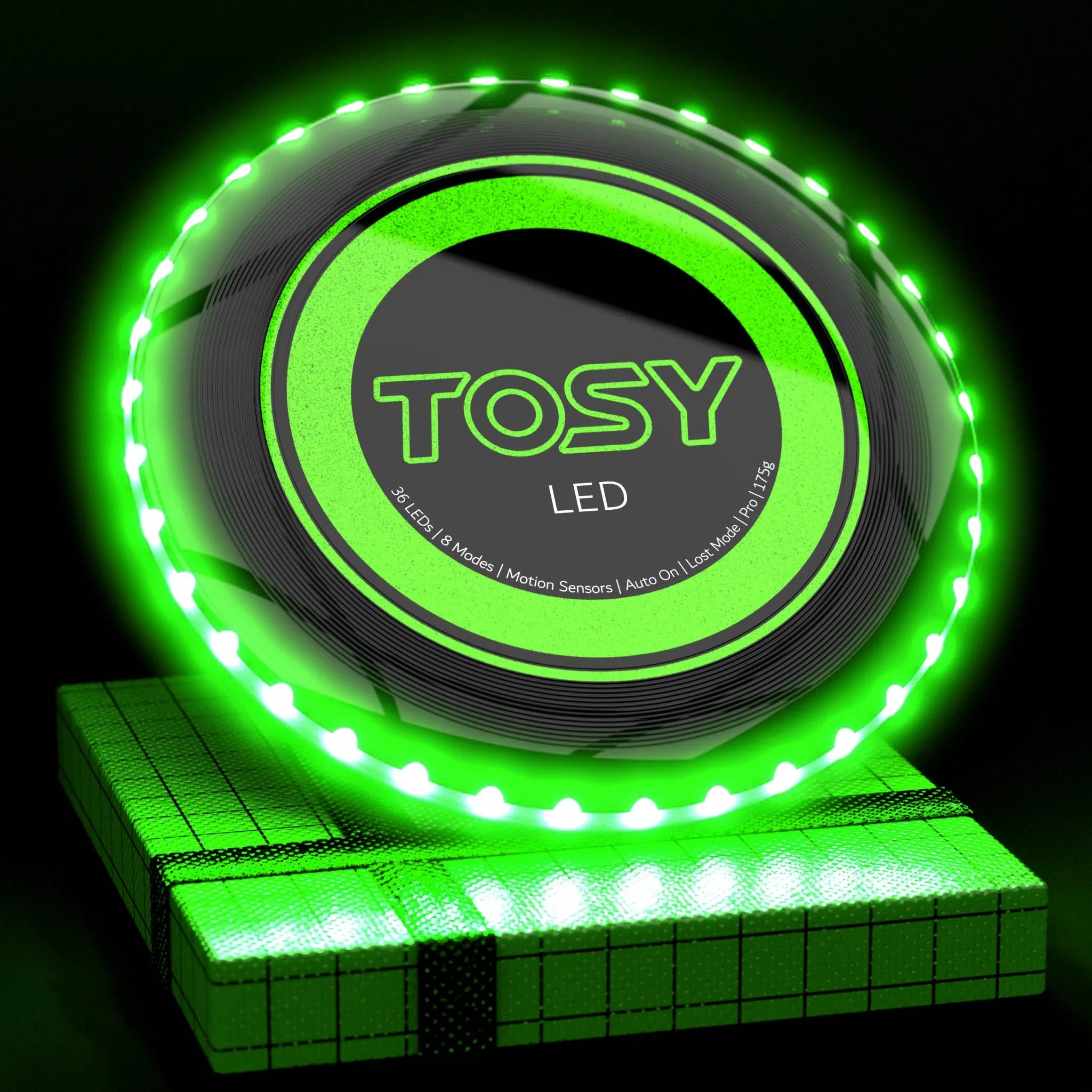 TOSY Flying Disc Mono LED Green with bright LED lights front view