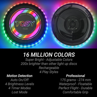 Front and back view of TOSY Flying Disc RGB showing 16 million color lighting effects