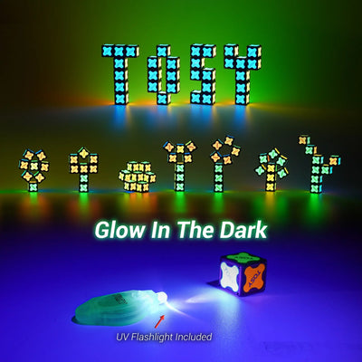 Glowing letter blocks spelling 'TNT' with a UV flashlight on a dark background
