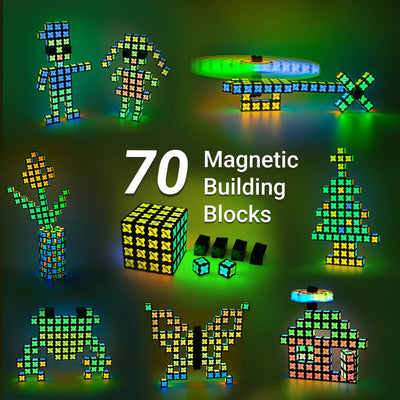 TOSY Magnet Cube 4x4 with 70 magnetic building blocks forming radiant shapes in the dark