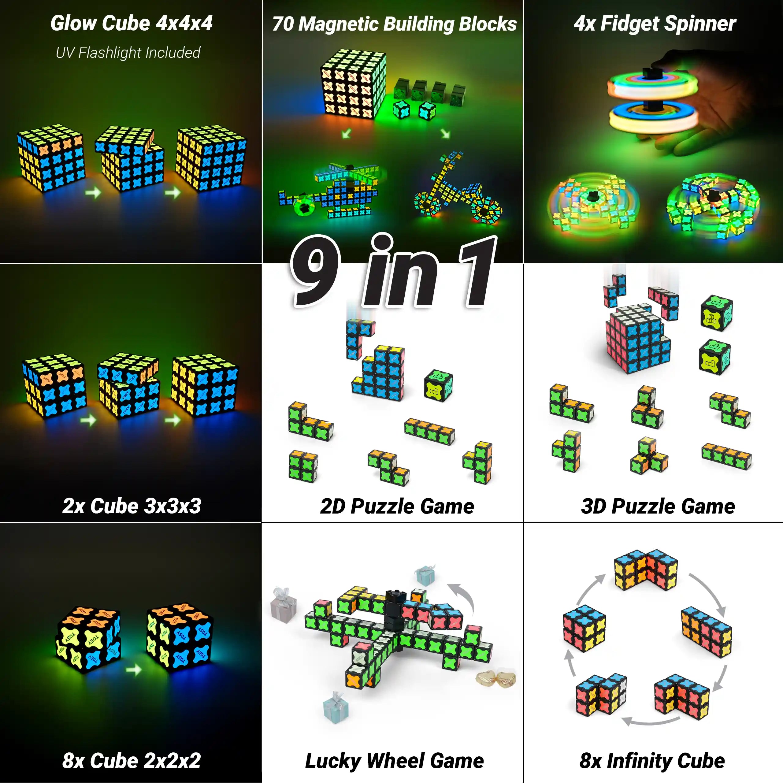 TOSY Magnet Cube 4x4 9-in-1 feature matrix showing Glow Cube 4x4x4, 70 magnetic blocks, 4x fidget spinners, 3D puzzle, and infinity cubes